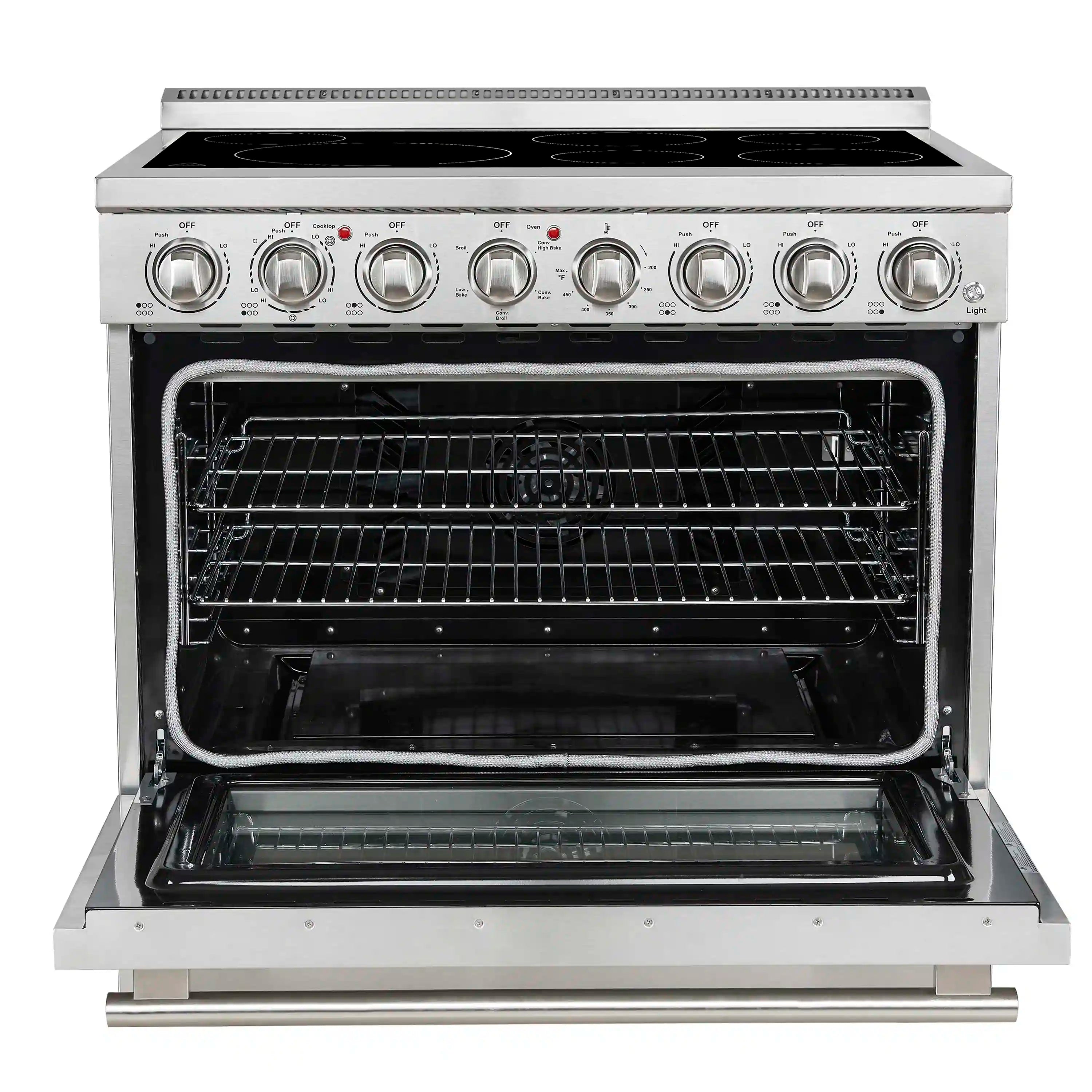 Stainless steel freestanding electric range with open oven door and wire oven racks.