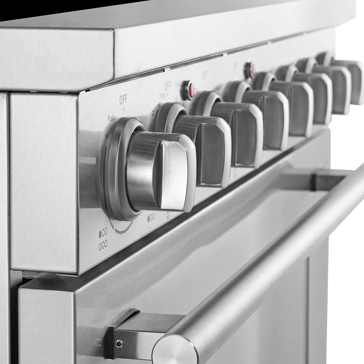 Electric range front control knobs with metal backguard and stainless steel trim.