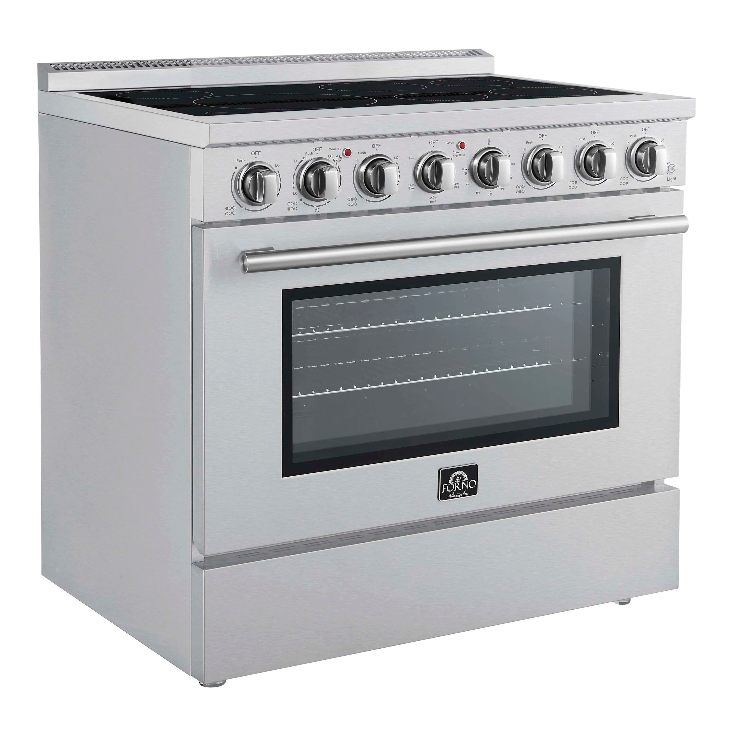 Stainless steel freestanding electric range with black glass oven window and control knobs on front.
