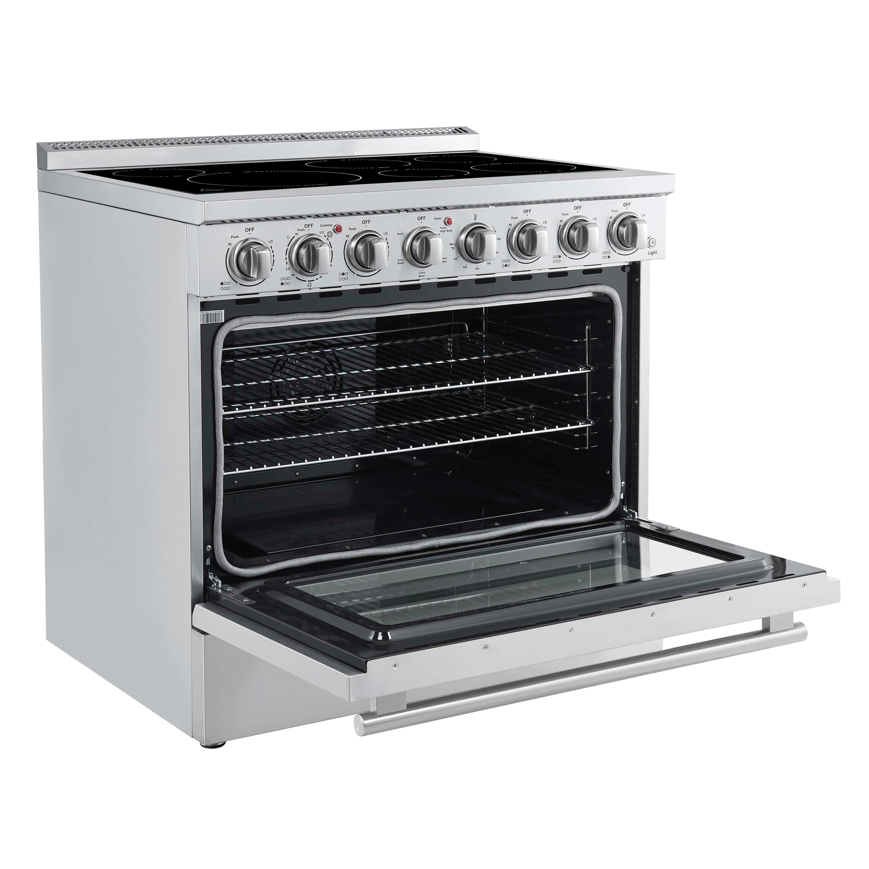 Stainless steel electric range with open oven door and accessible baking drawer
