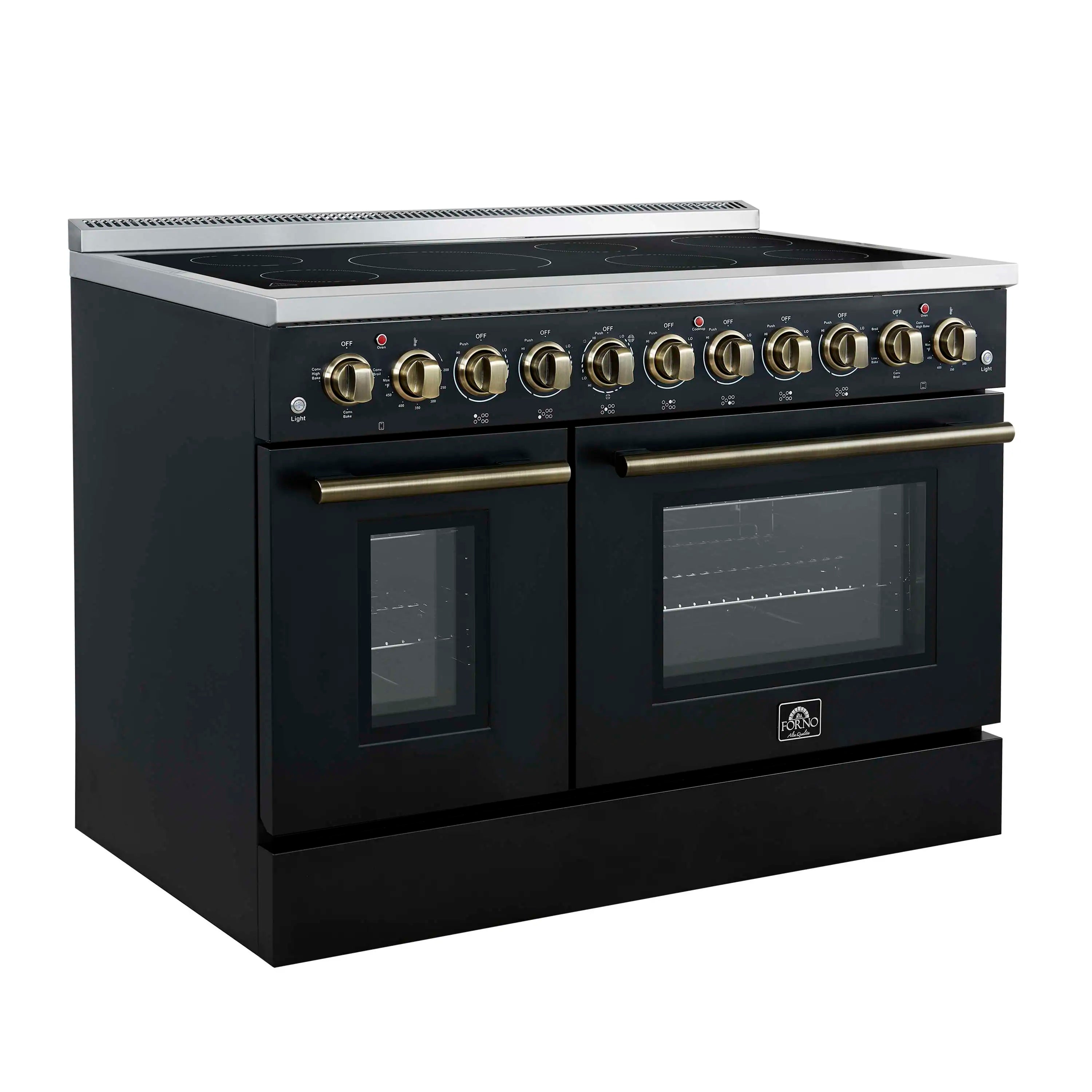 Black electric range with two glass doors, brass handle trim, and cooktop control panel
