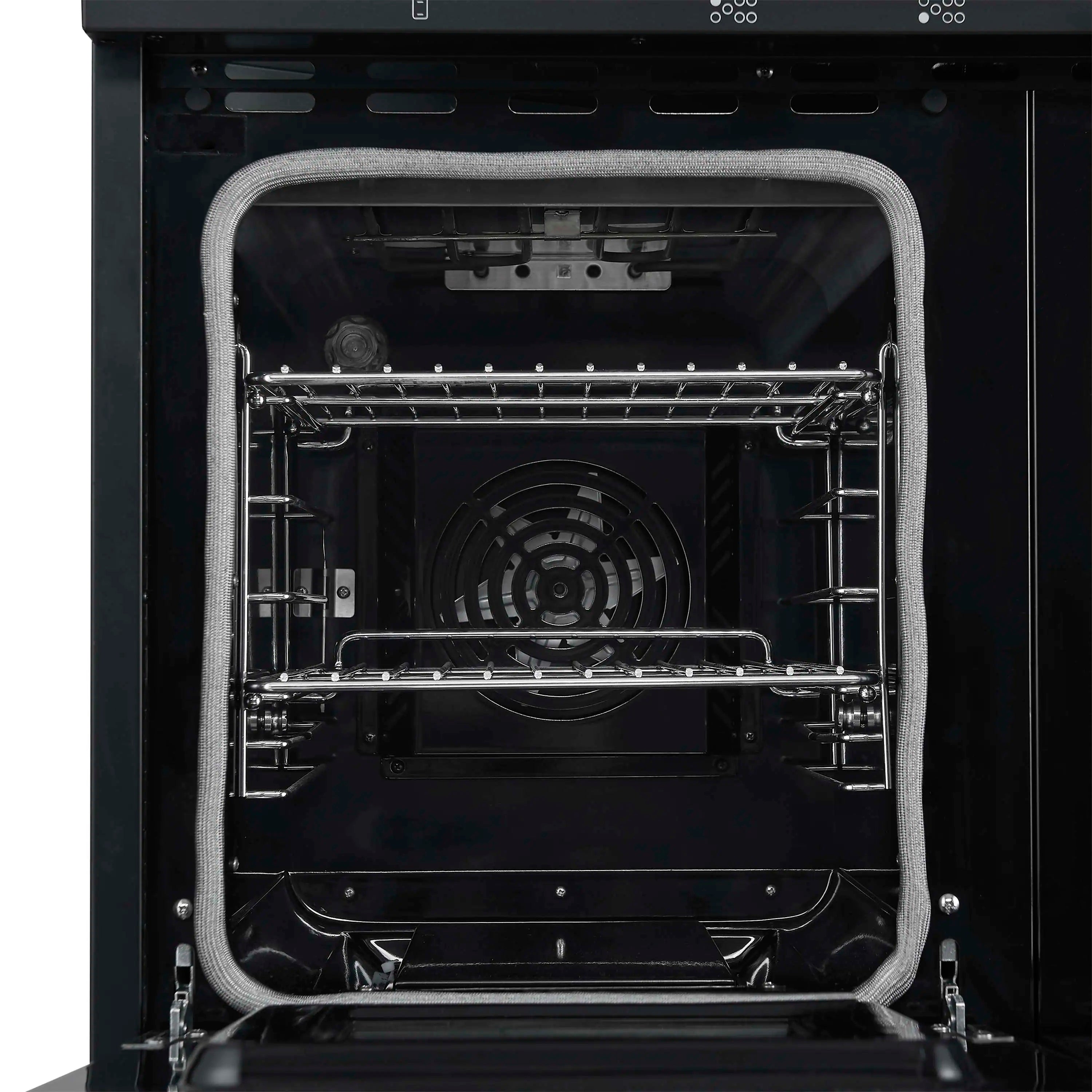 Open electric oven door showing dark oven cavity with wire racks and fan