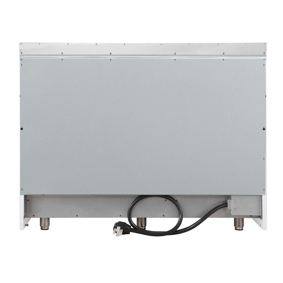 White oven base underside panel with power cord connection and leveling feet
