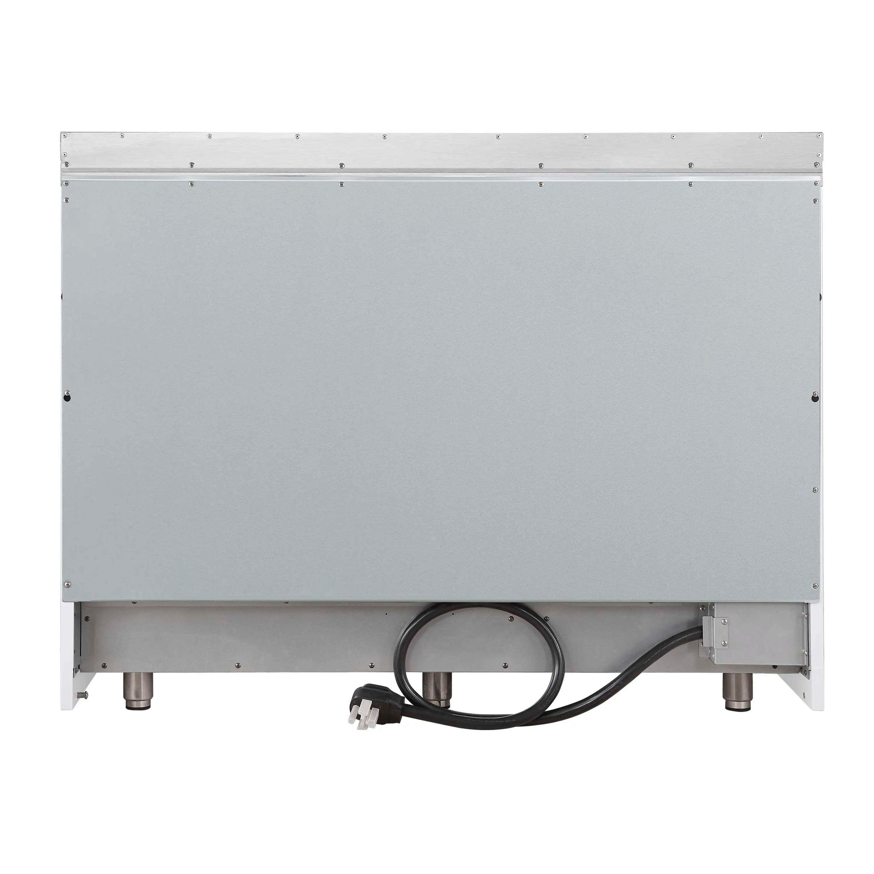 White electric range rear panel with power cord connection and leveling feet