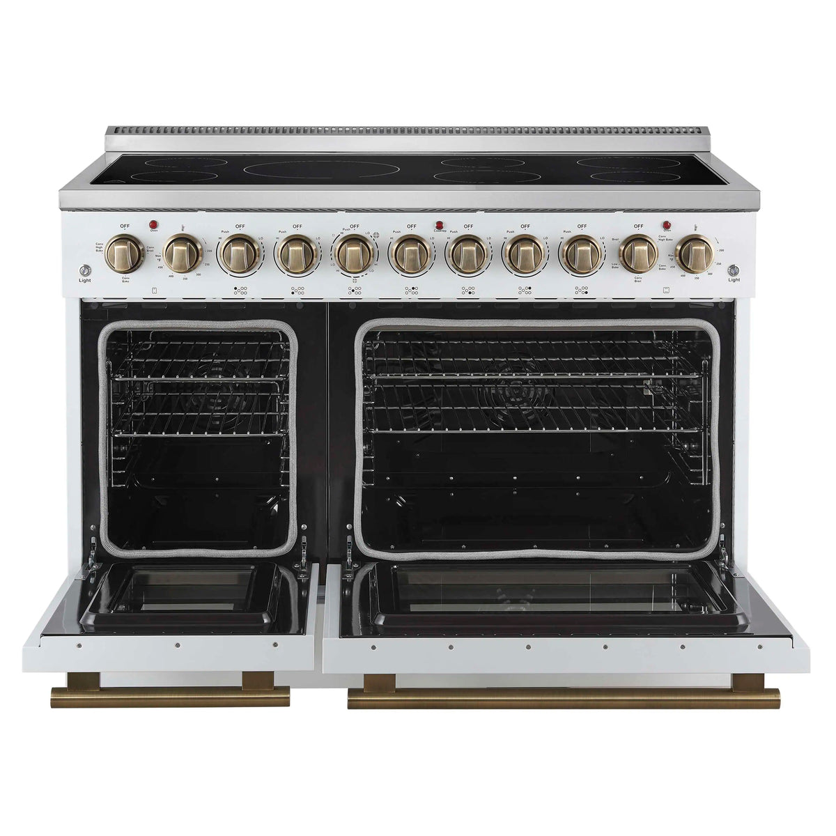 White freestanding electric range with convection oven, two doors open, brass handle trim