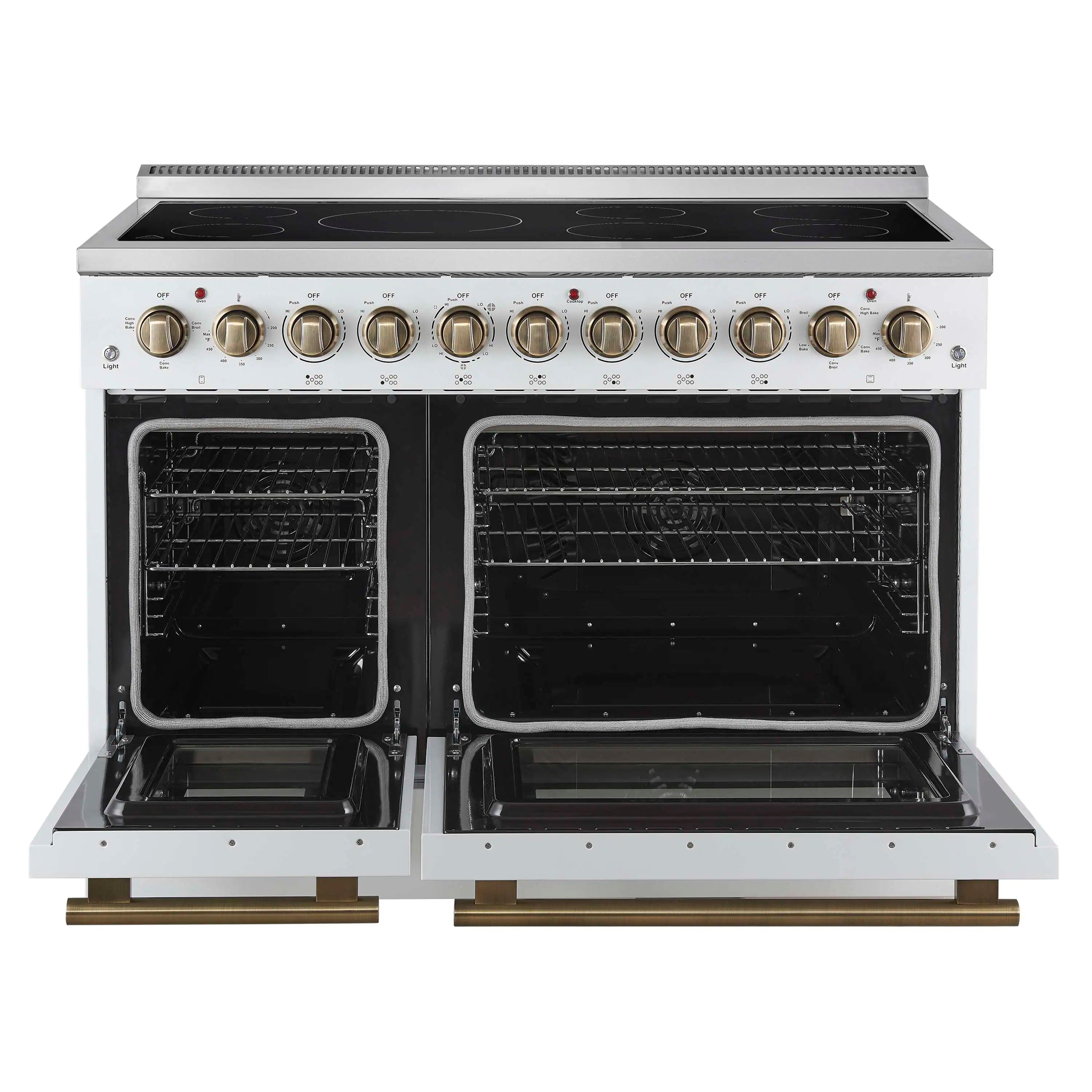 White electric range with two open oven doors and brass pull-out rails