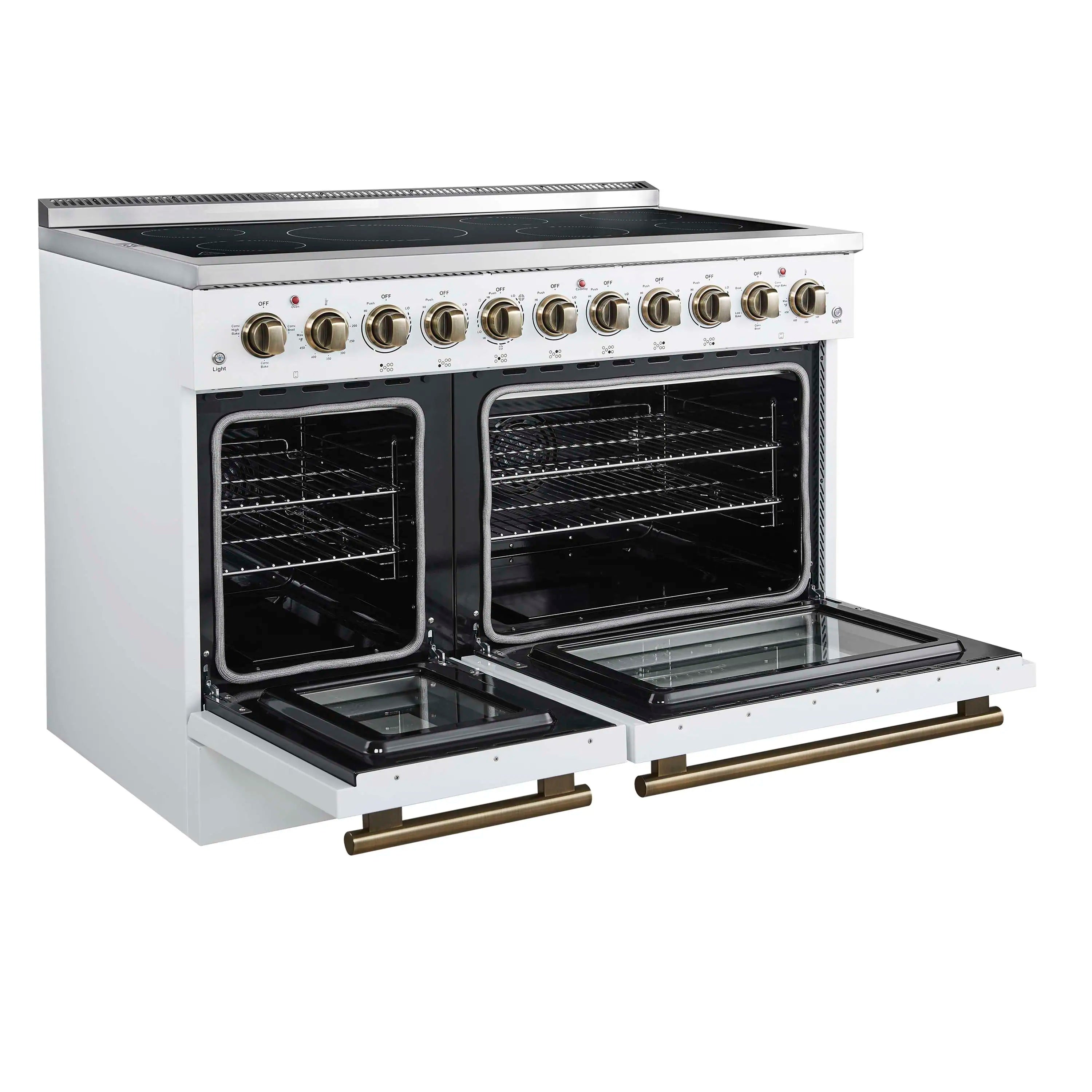 White electric range with both ovens open, black interior racks, and antique-brass trim