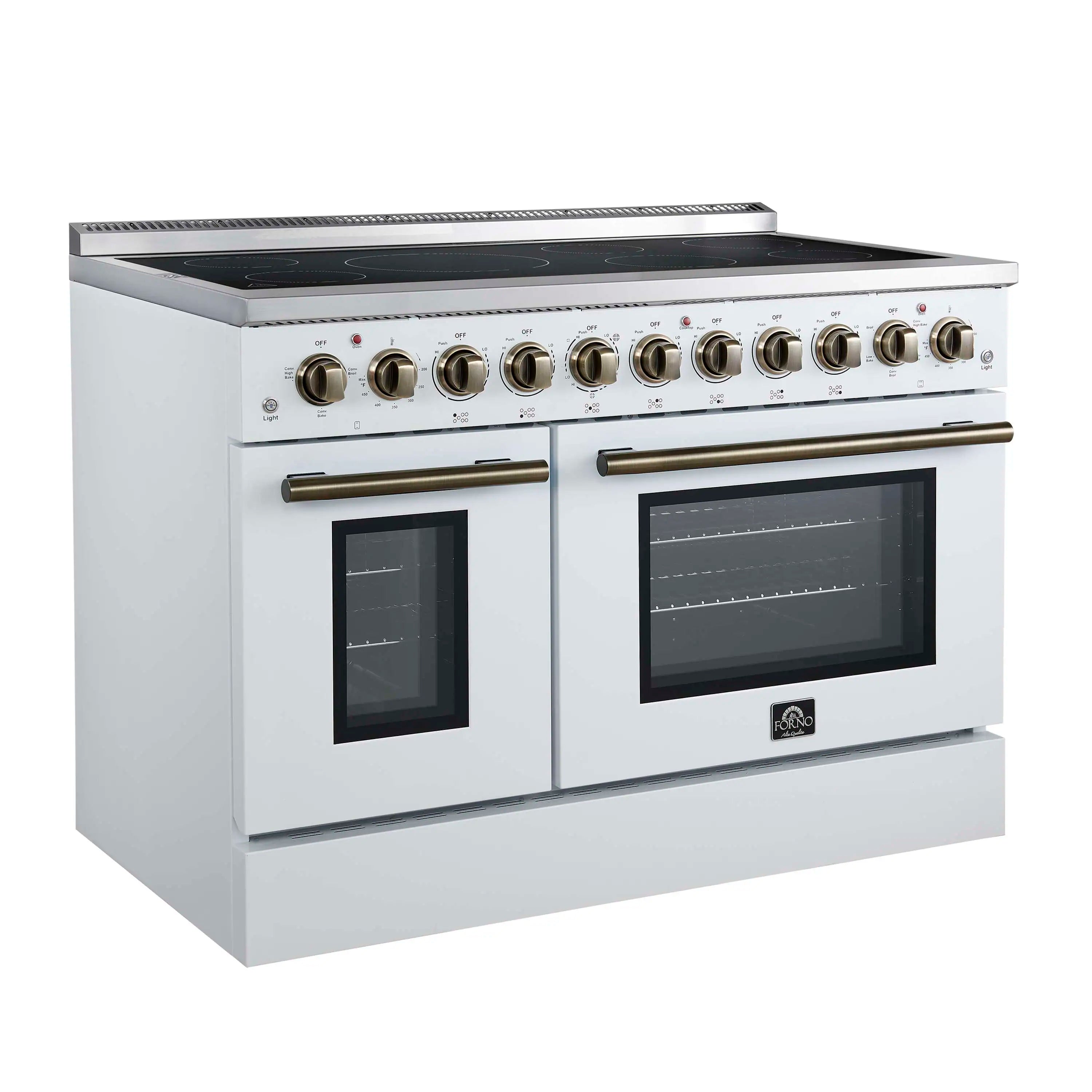 White freestanding electric range with convection oven and brass control knobs, closed doors