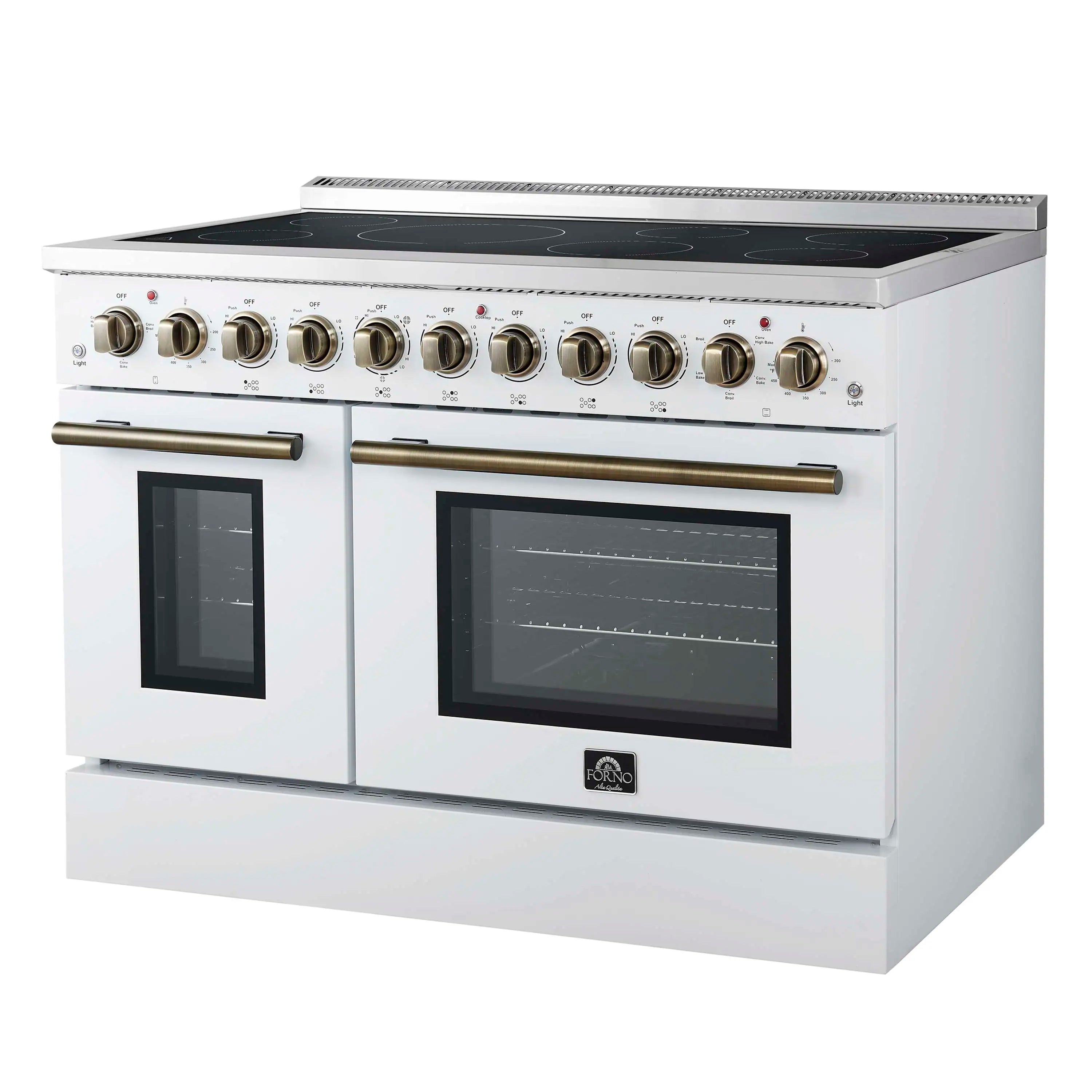 White electric range with black cooktop, brass knobs, and oven doors with glass panels