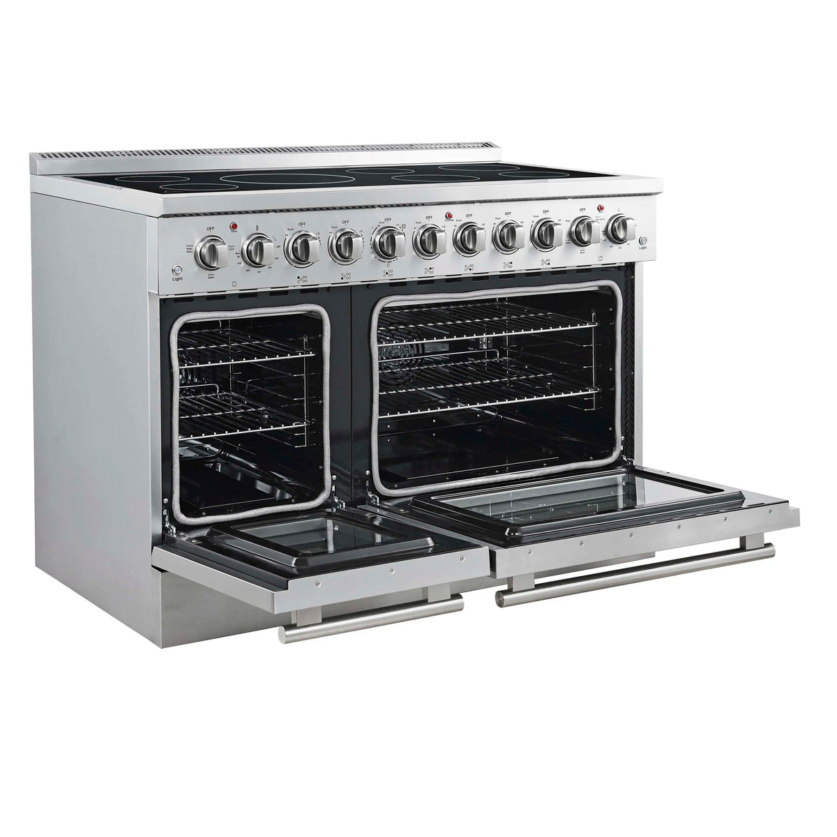 Freestanding electric range with both ovens open, showing racks and broiler compartment