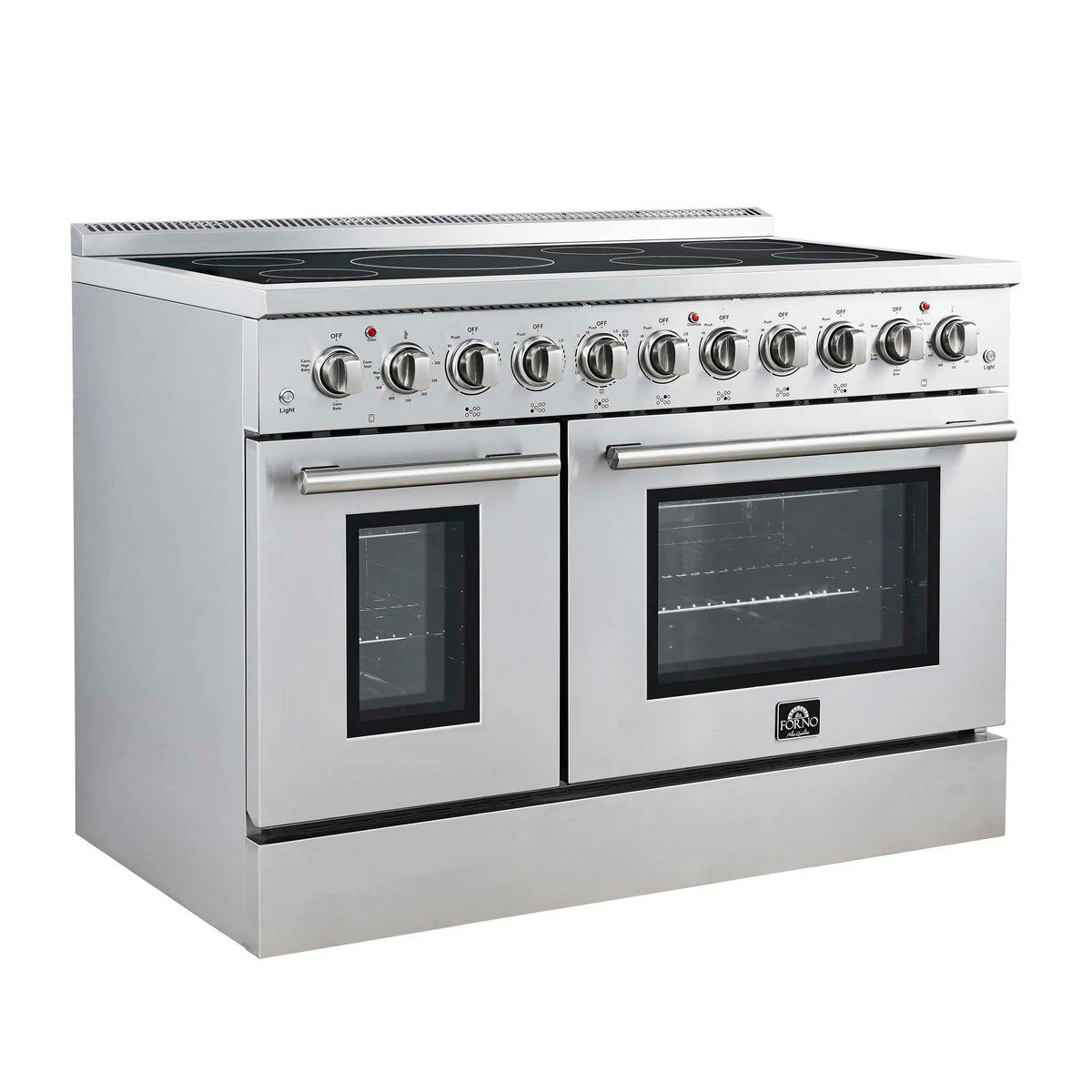 Stainless steel electric range with black glass oven doors and top cooktop surface