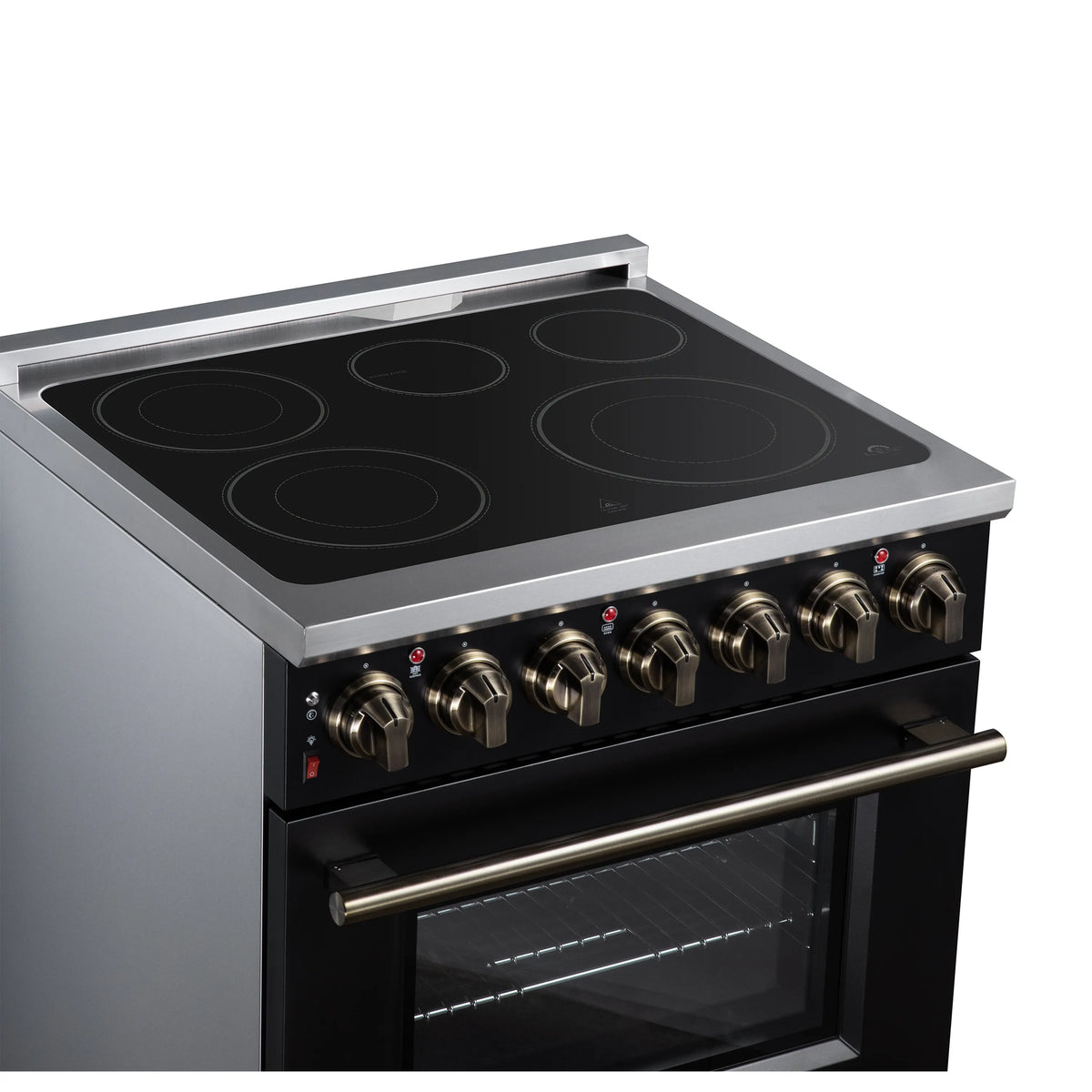 Black electric range cooktop with four radiant burner circles and metal control knobs