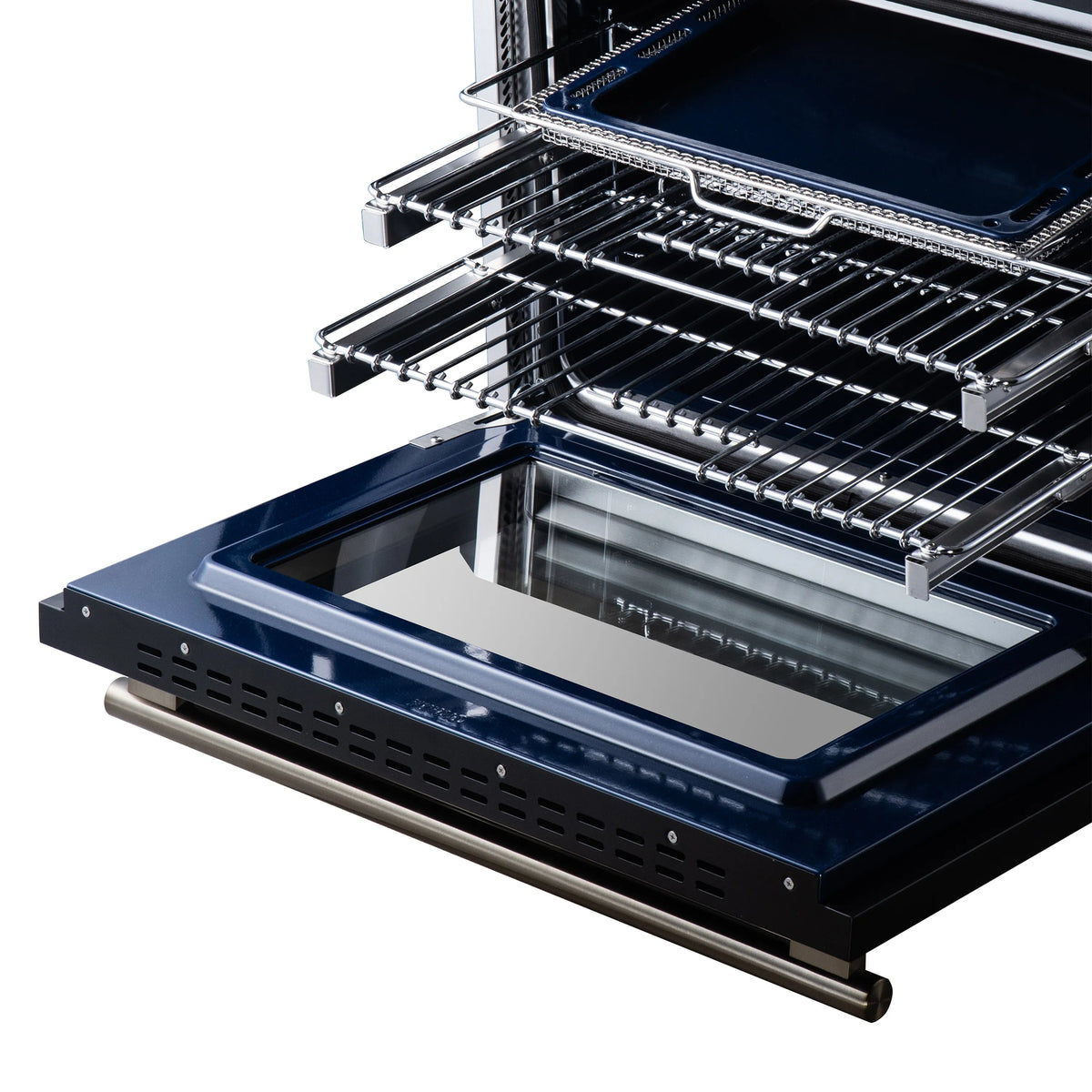 Electric oven door open with wire rack and heating elements, front view