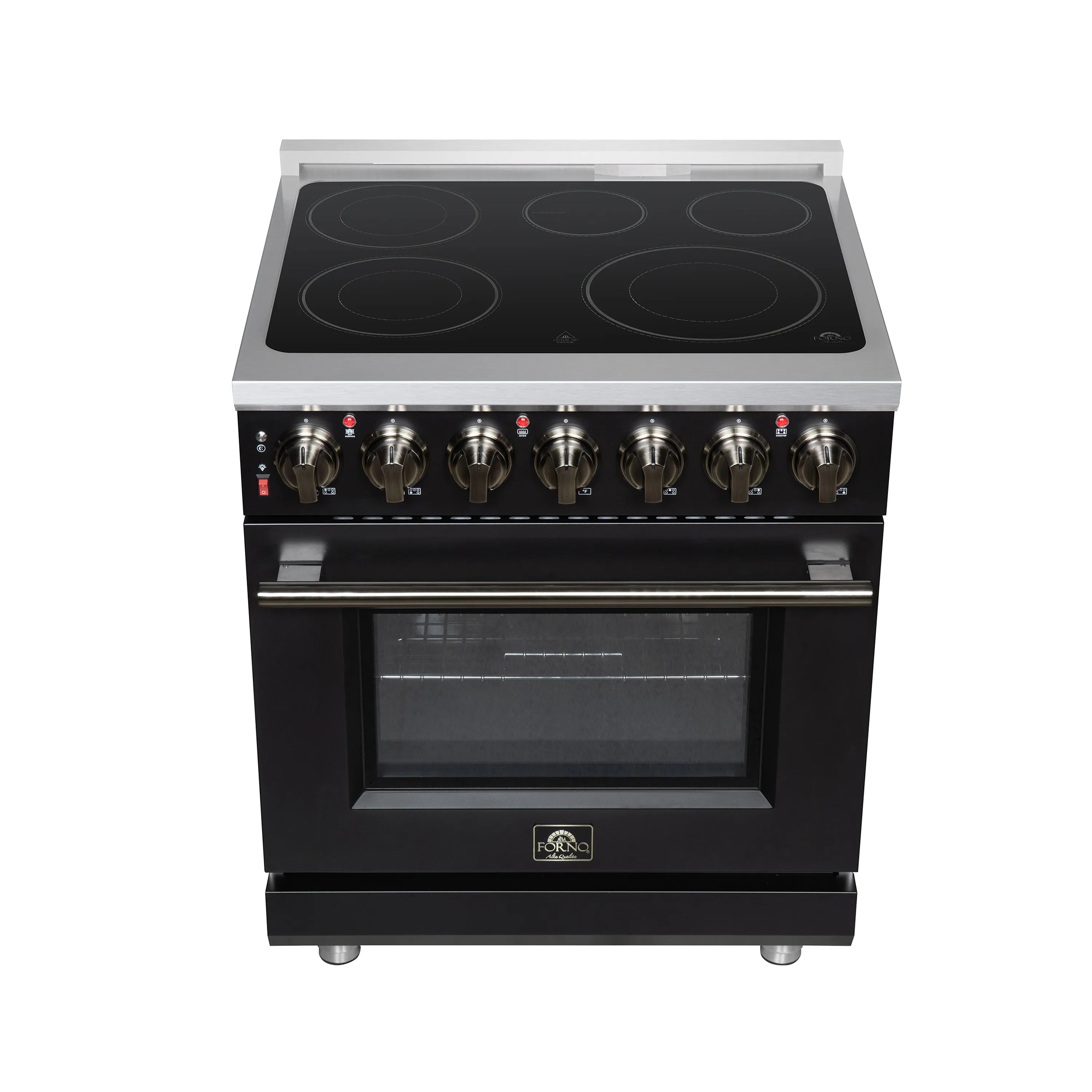 Black freestanding electric range with glass cooktop and closed oven door