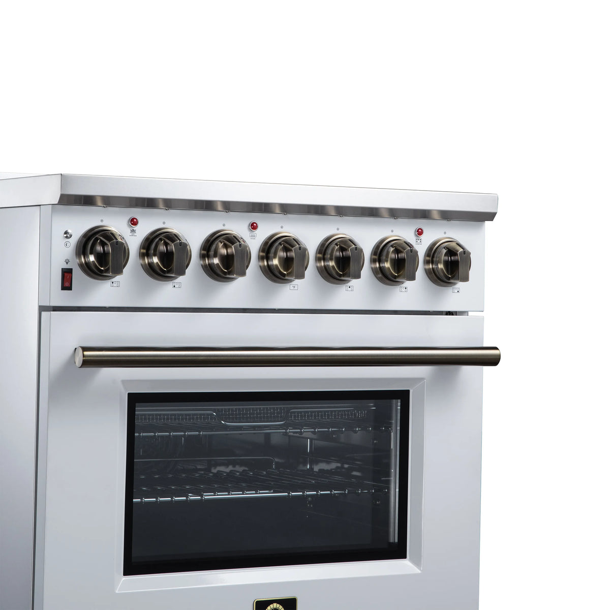 White electric range front view with stainless control panel, six knobs, oven window