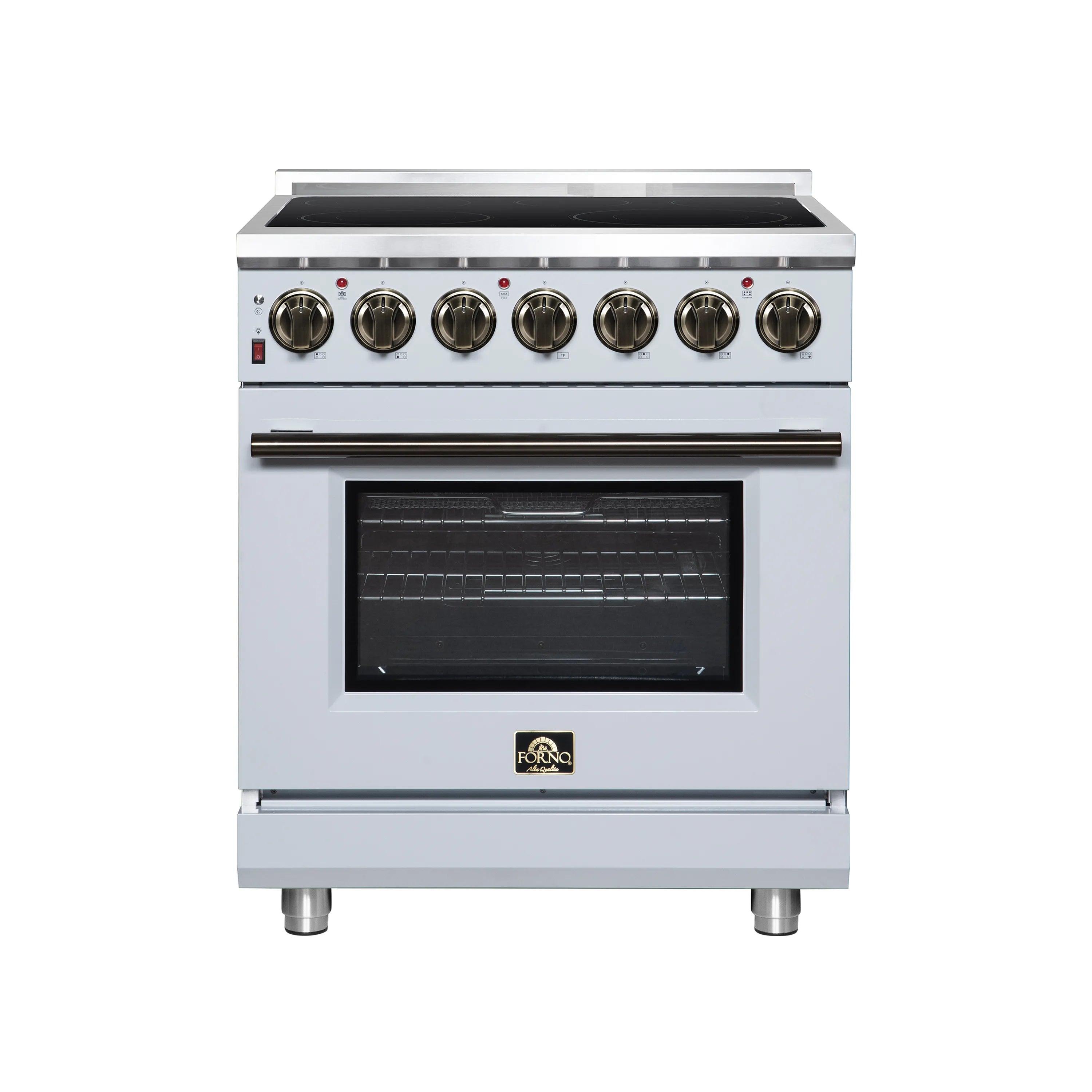 White freestanding electric range with black glass oven door and control knobs