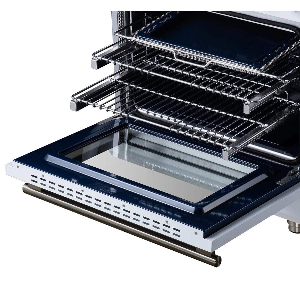 Electric range oven with wire racks and broiler pan pull-out tray at bottom