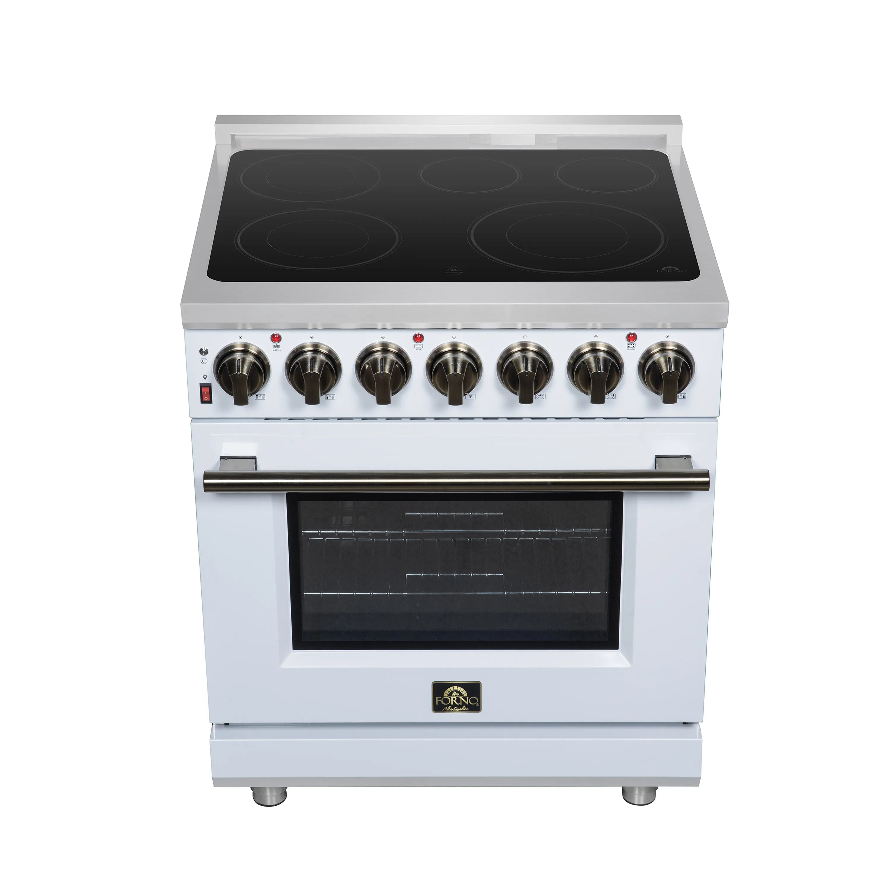 White freestanding electric range with black radiant cooktop and oven door, control knobs
