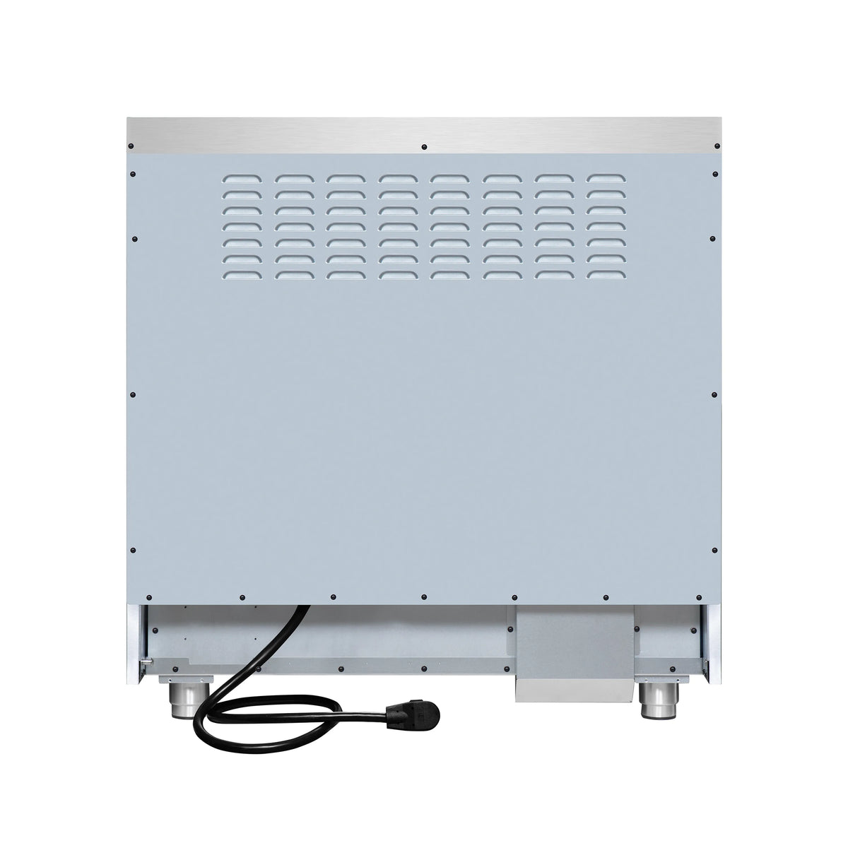 Underside view of freestanding electric range with power cord and vented panel