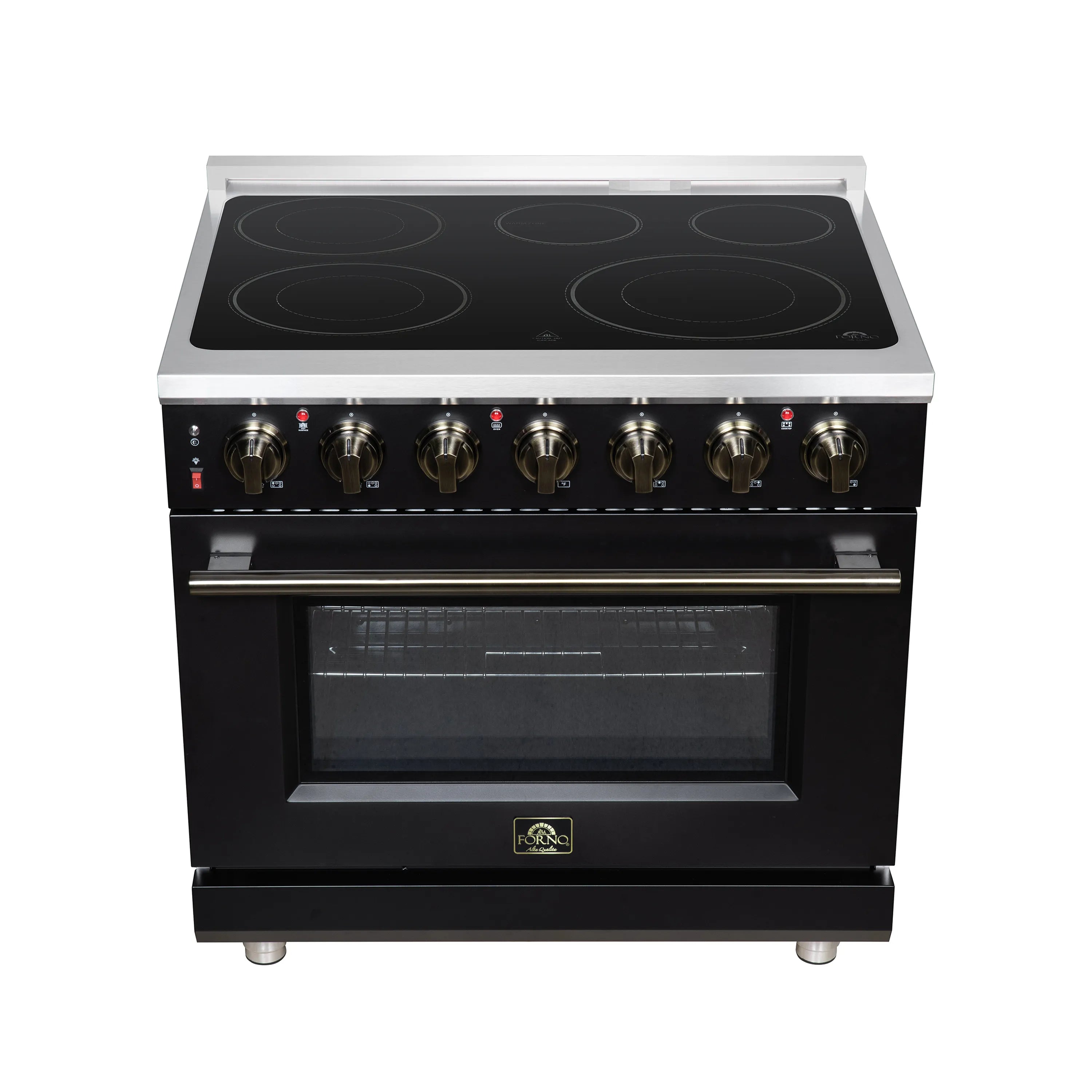 Black freestanding electric range with glass cooktop, brass burner knobs, and oven window