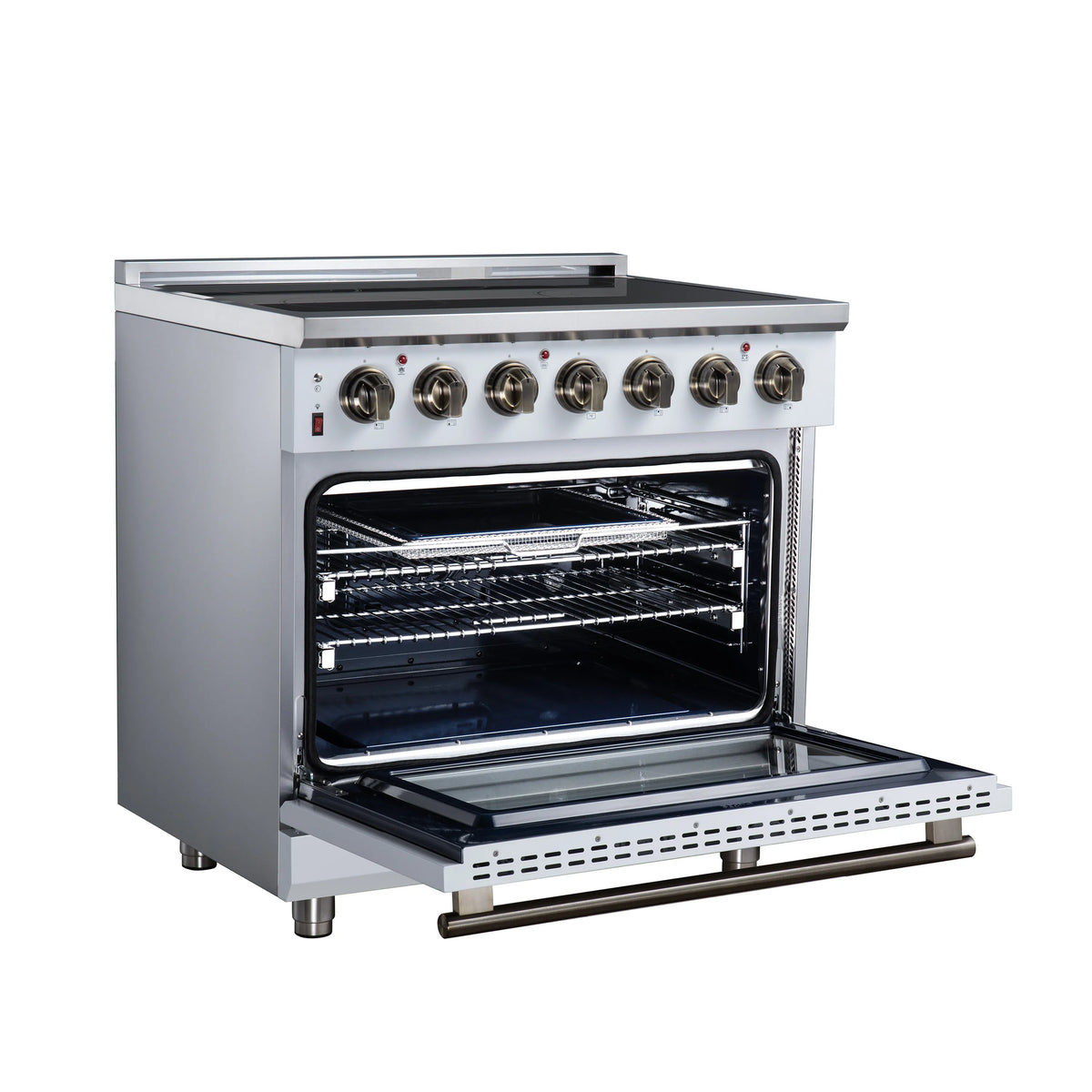 White electric range with open convection oven door, wire racks, and radiant cooktop controls