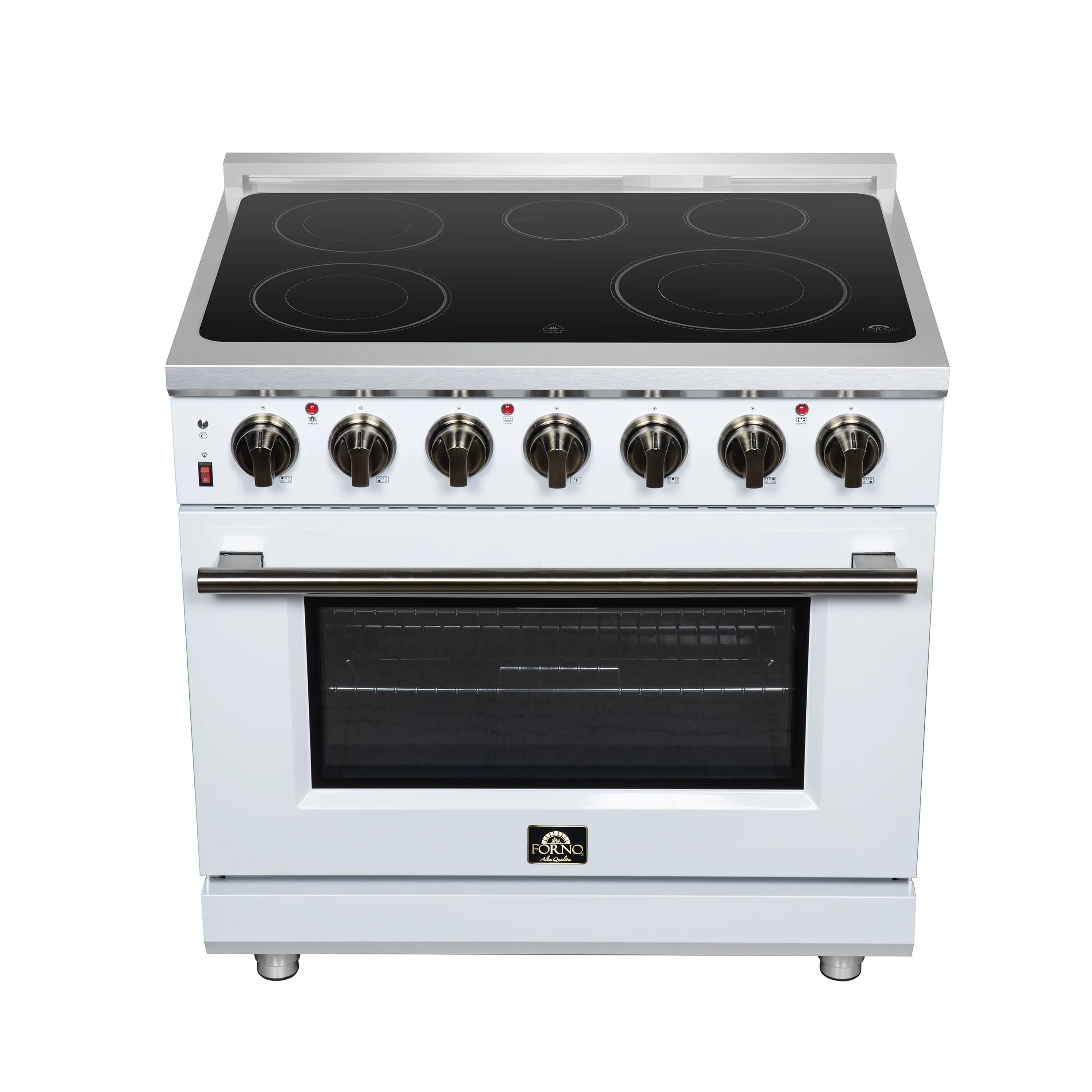 White electric range front view with black glass cooktop, burner knobs, and oven window