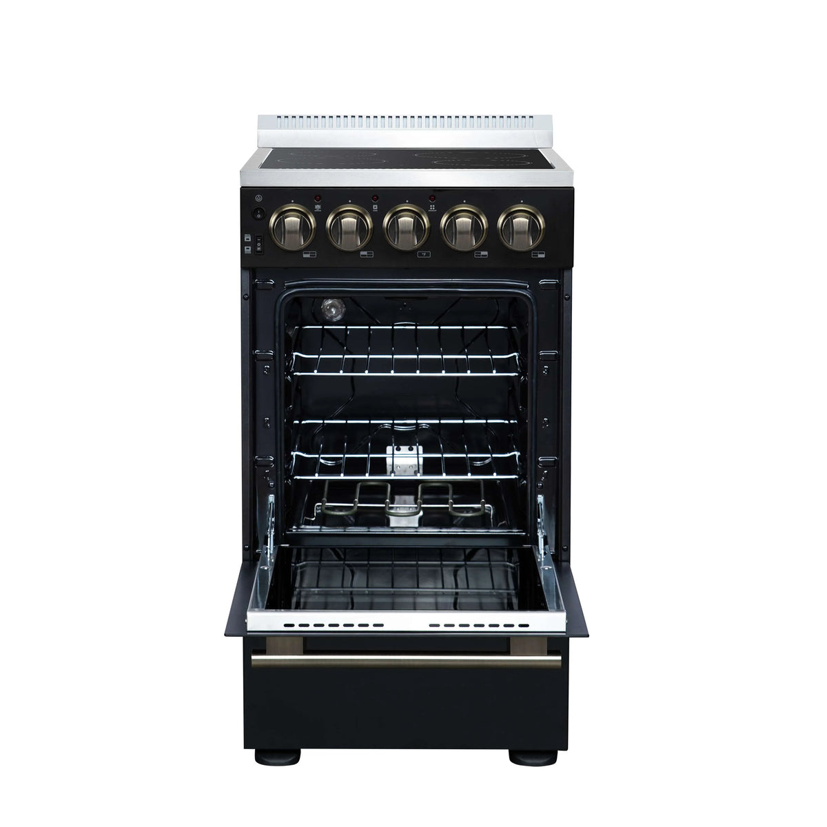 Black electric range oven with open door and multiple wire racks, front view