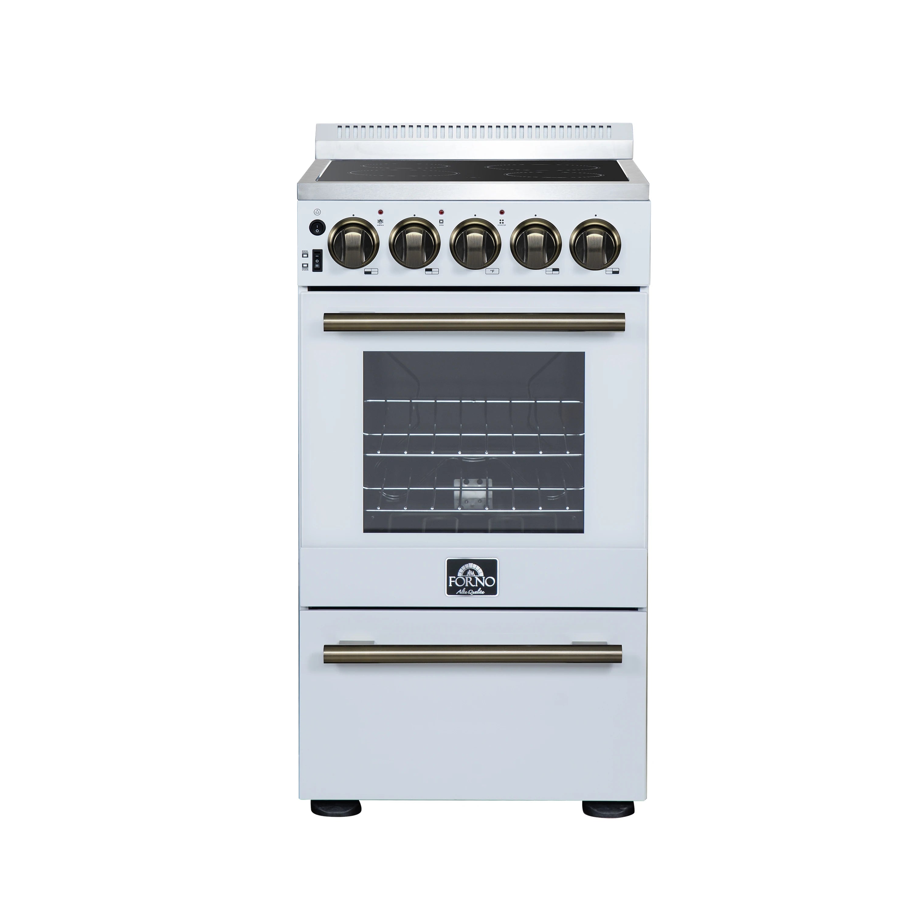 White freestanding electric range with black cooktop, five gold control knobs, and oven window