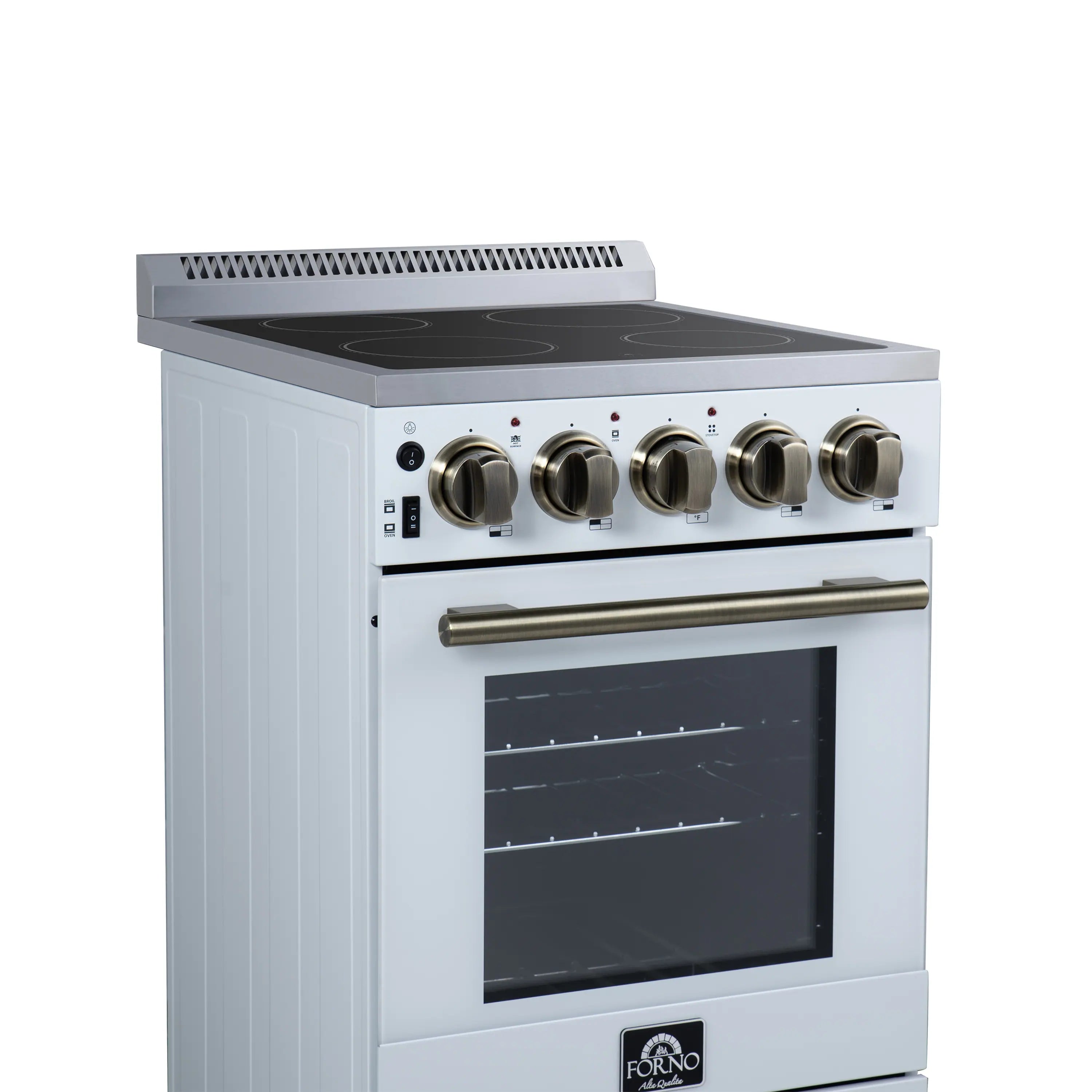 White freestanding electric range angled view with black cooktop, gold knobs, and oven window