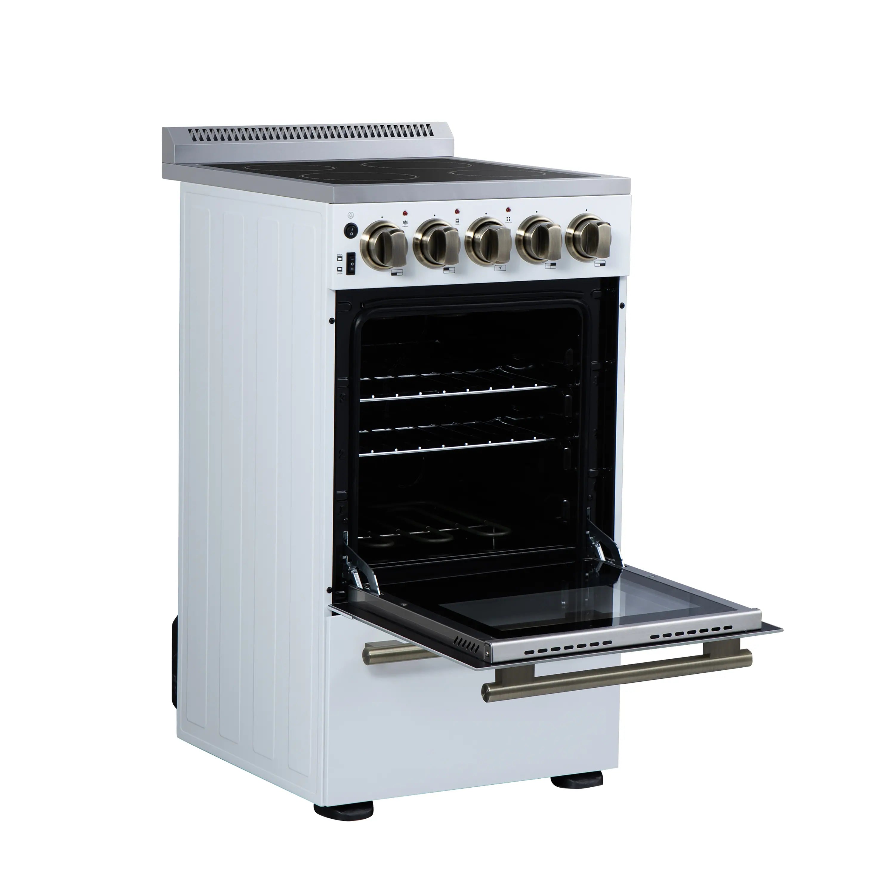White freestanding electric range with oven door open, dark cavity, and gold handle trim