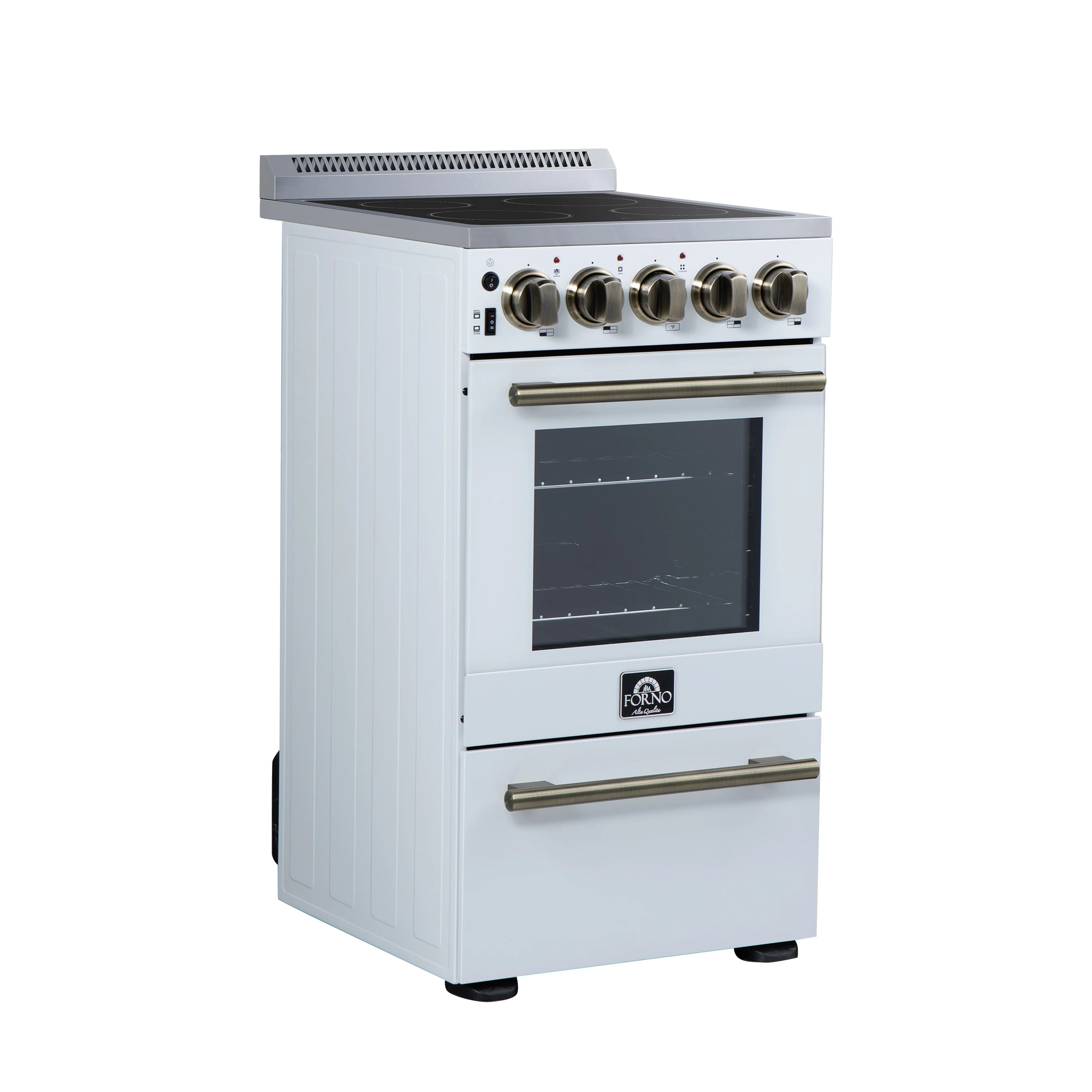 White freestanding electric range side view with gold control knobs and oven door window