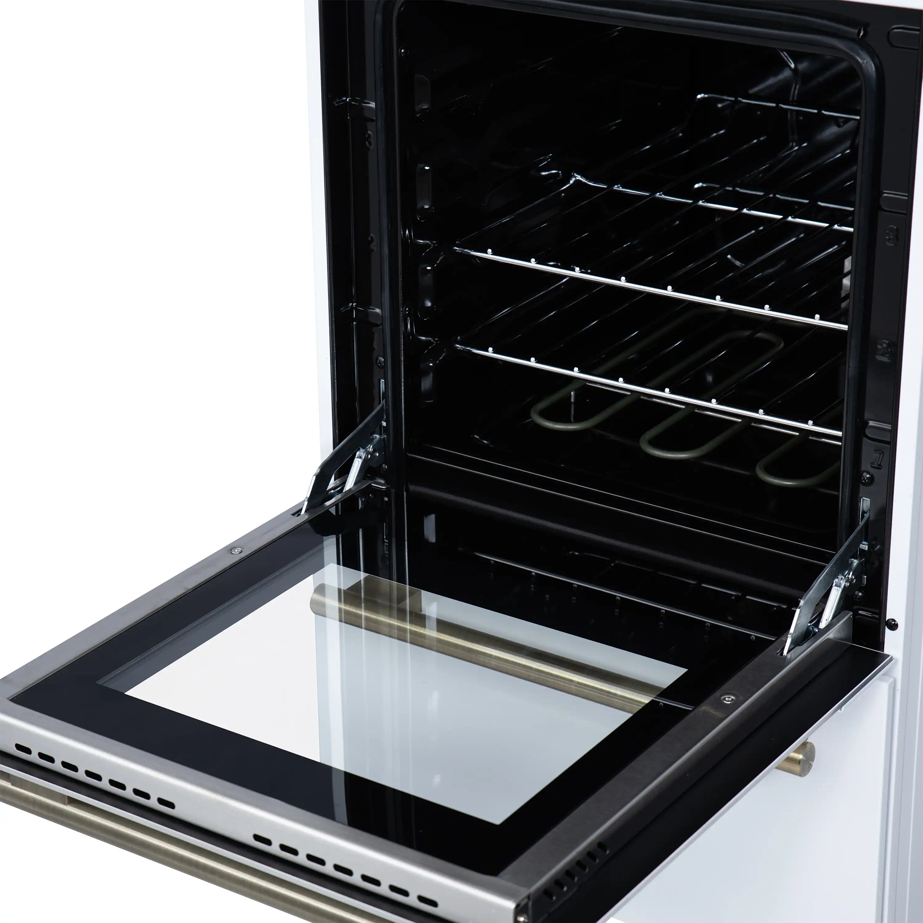 White freestanding electric range with oven door open, wire racks, and glass window