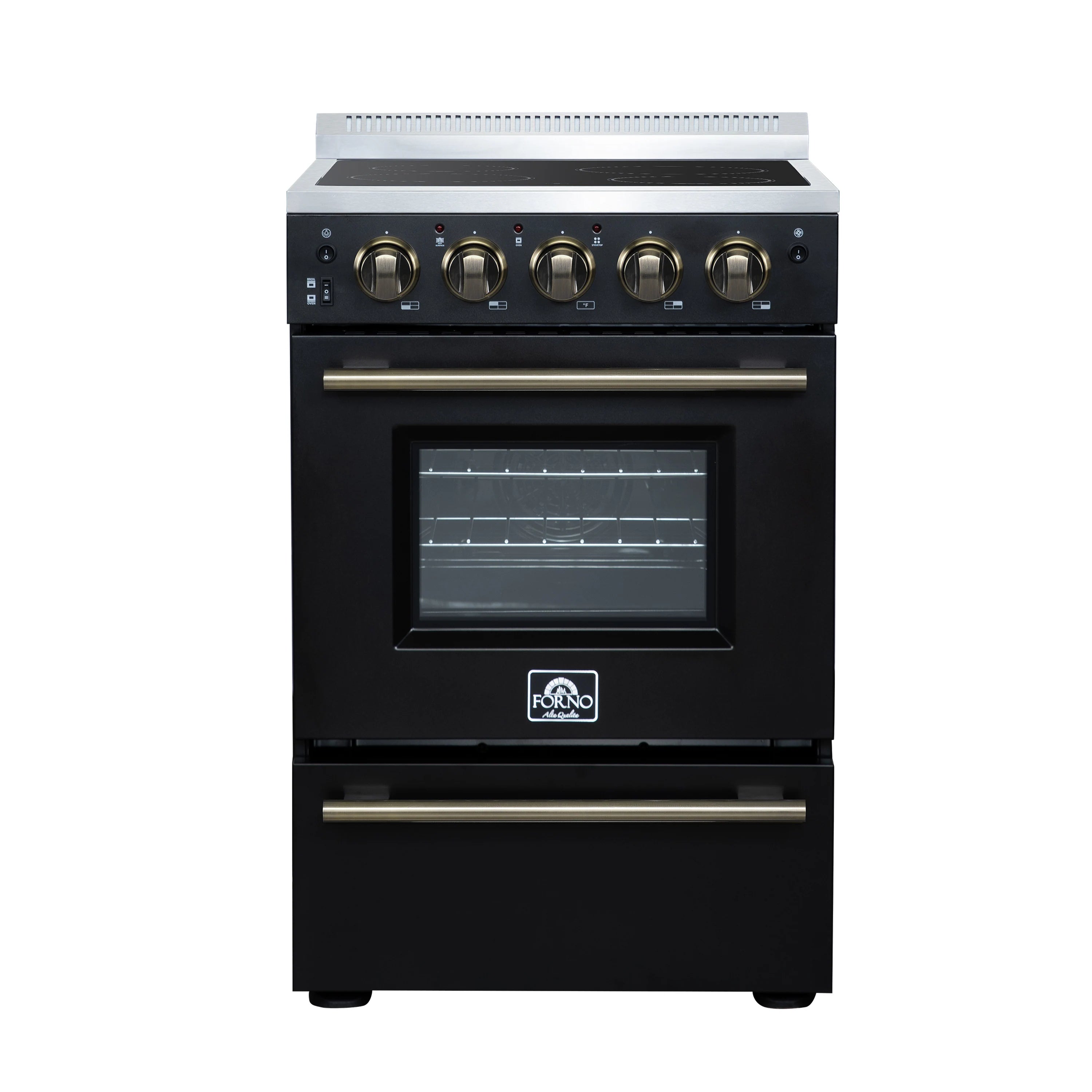 24-inch freestanding electric range front panel with burner rings and black glass door