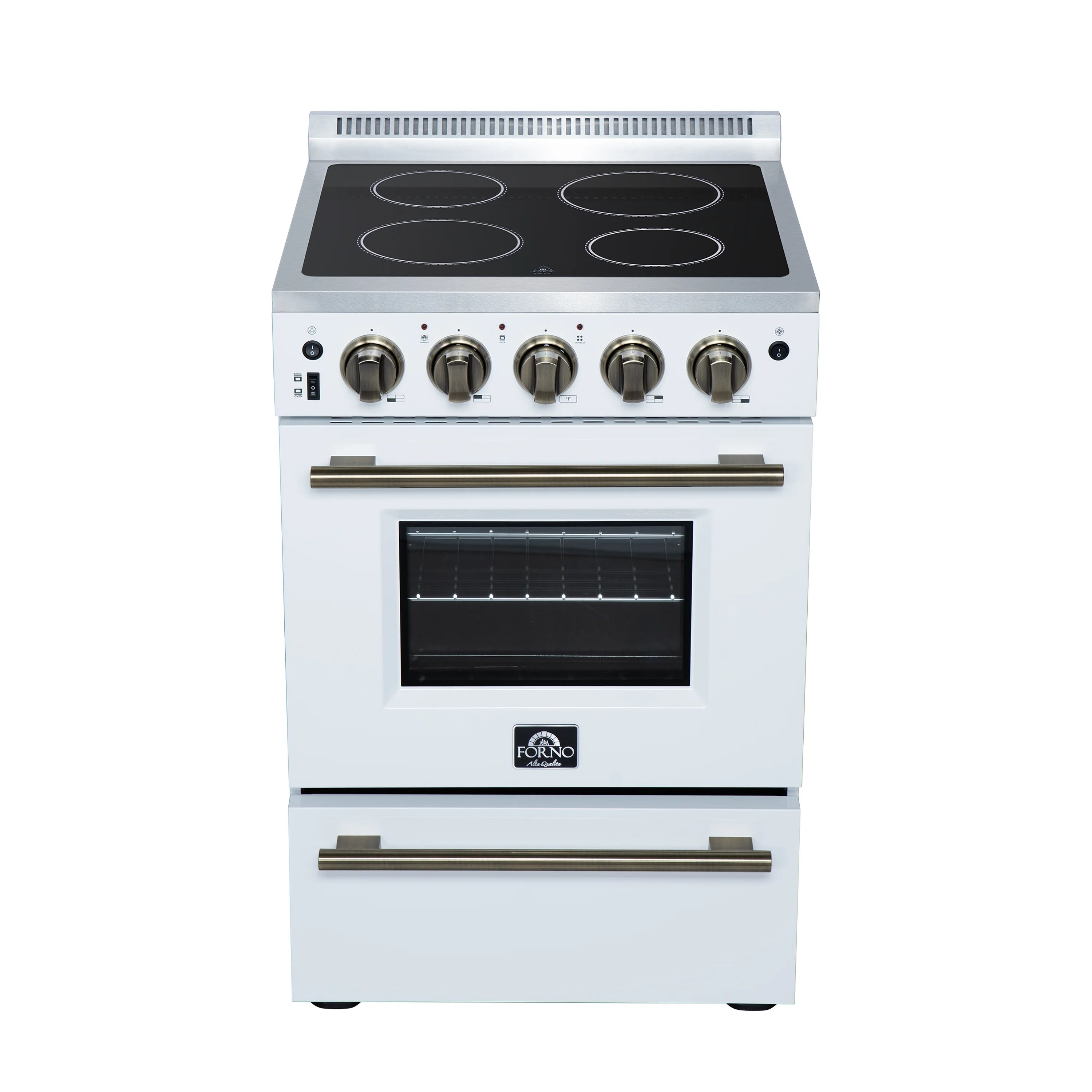 White electric range with black glass cooktop, five knobs, and built-in oven