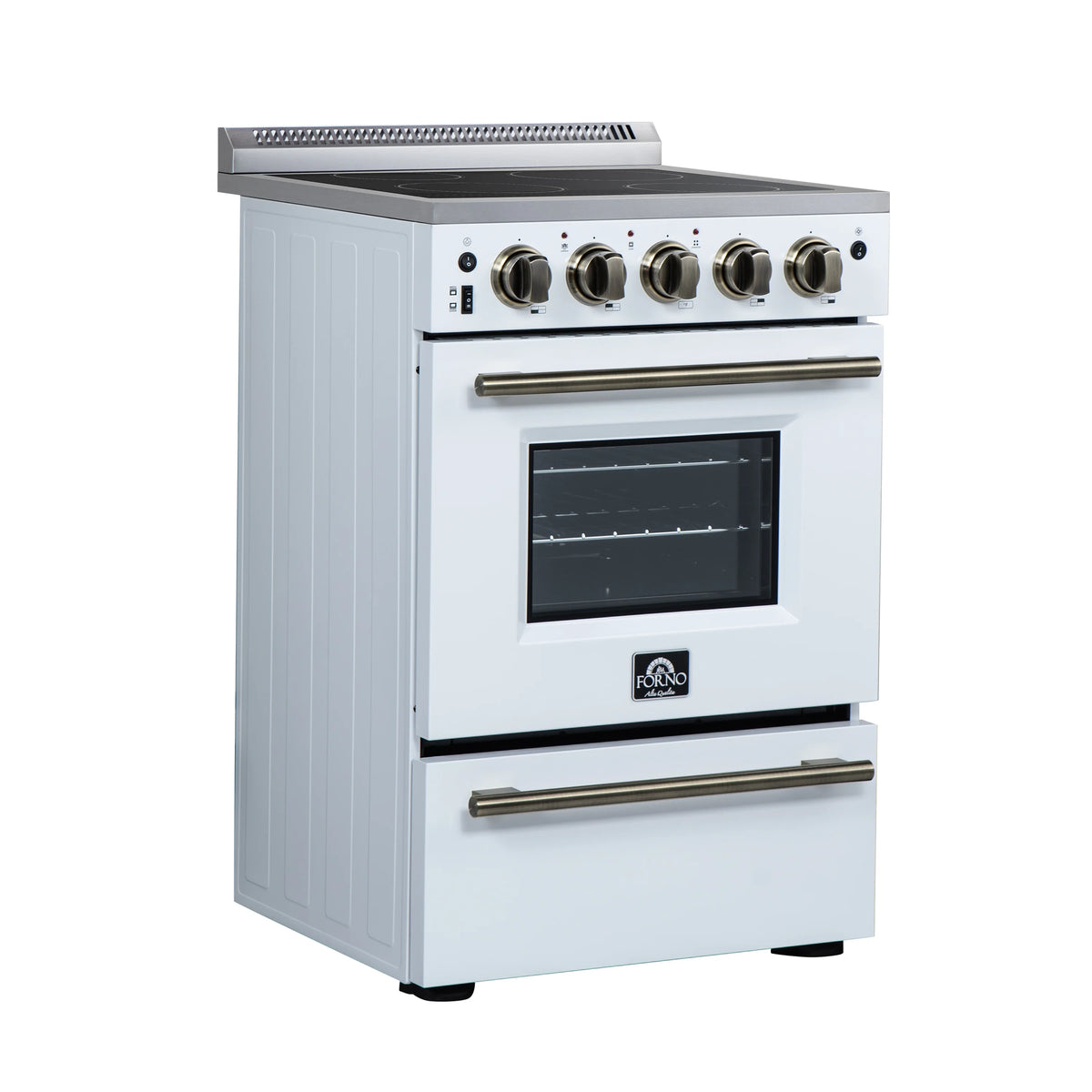 White freestanding electric range with black cooktop and brass-toned handle on oven