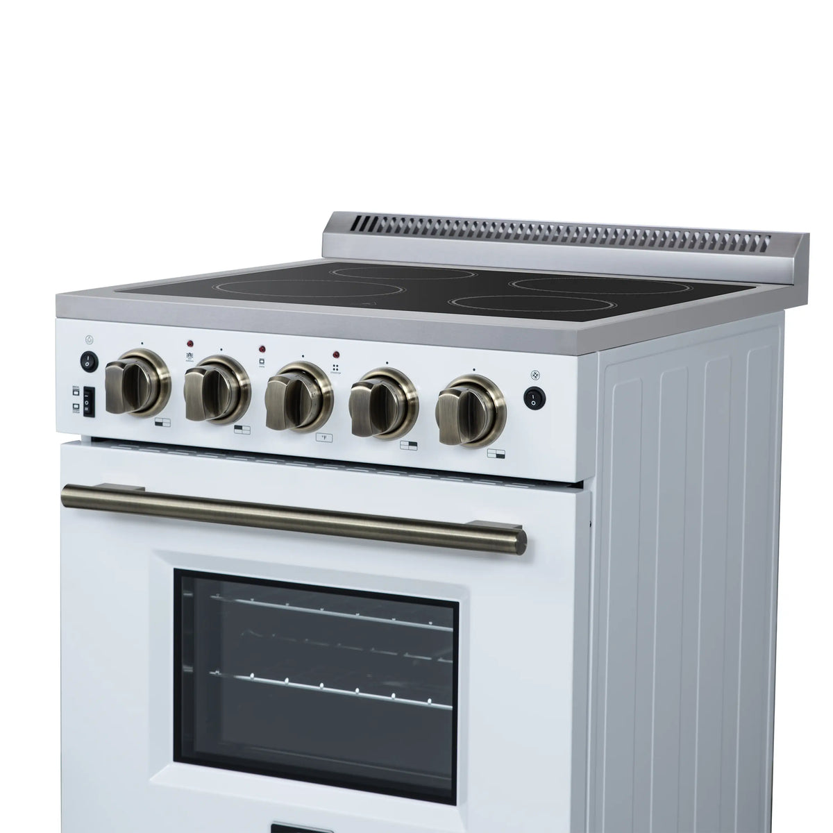 White electric range cooktop with four coil burners, control knobs, and brass handle