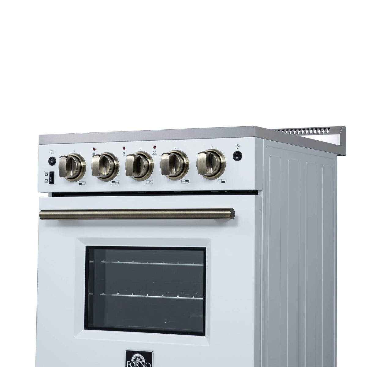White freestanding electric range front view with oven window and brass trim handle