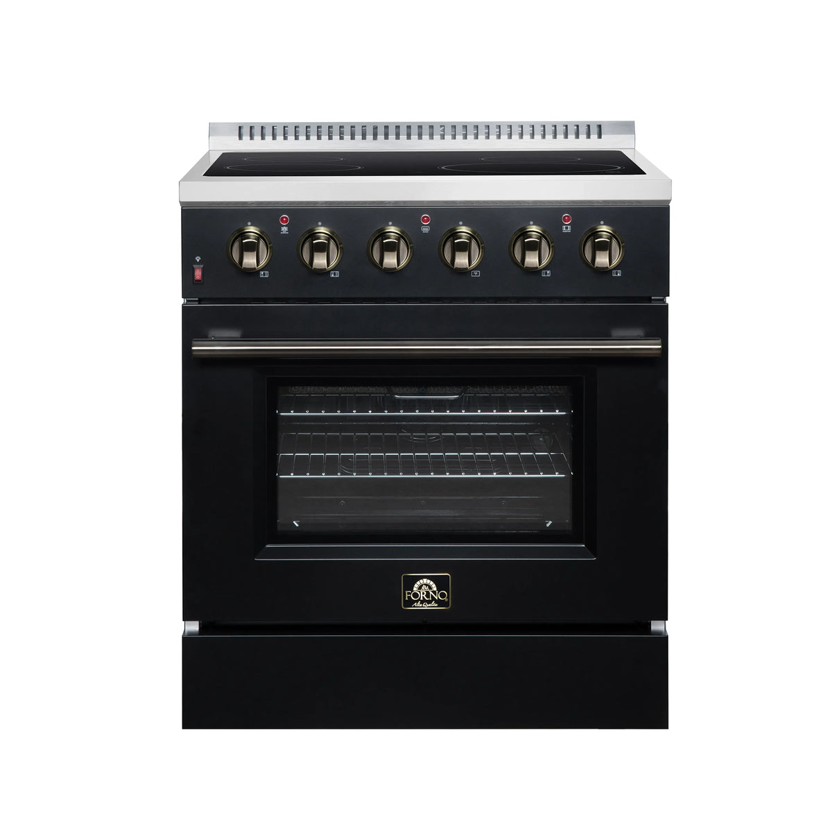 FORNO Galiano 30-Inch Freestanding Electric Range with 4 Radiant Burners, 4.32 Cu. Ft. True Convection Oven, Air Fryer Kit in Black with Antique Brass Trim (FFSEL6083-30BLK)
