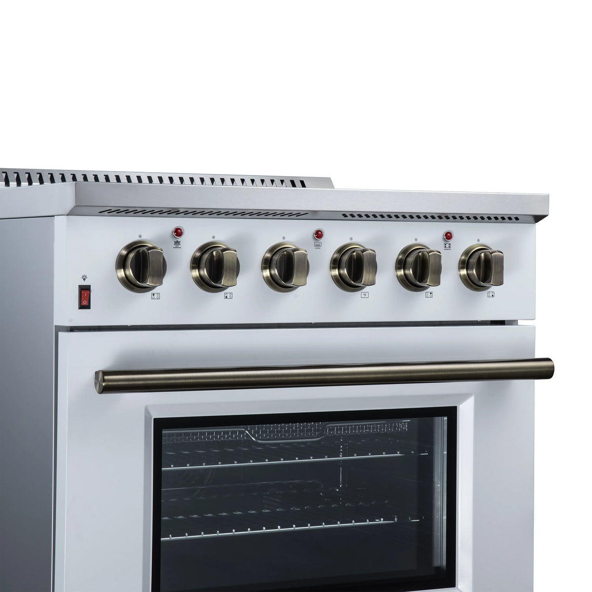 White freestanding electric range with brass-tone control knobs and black oven window