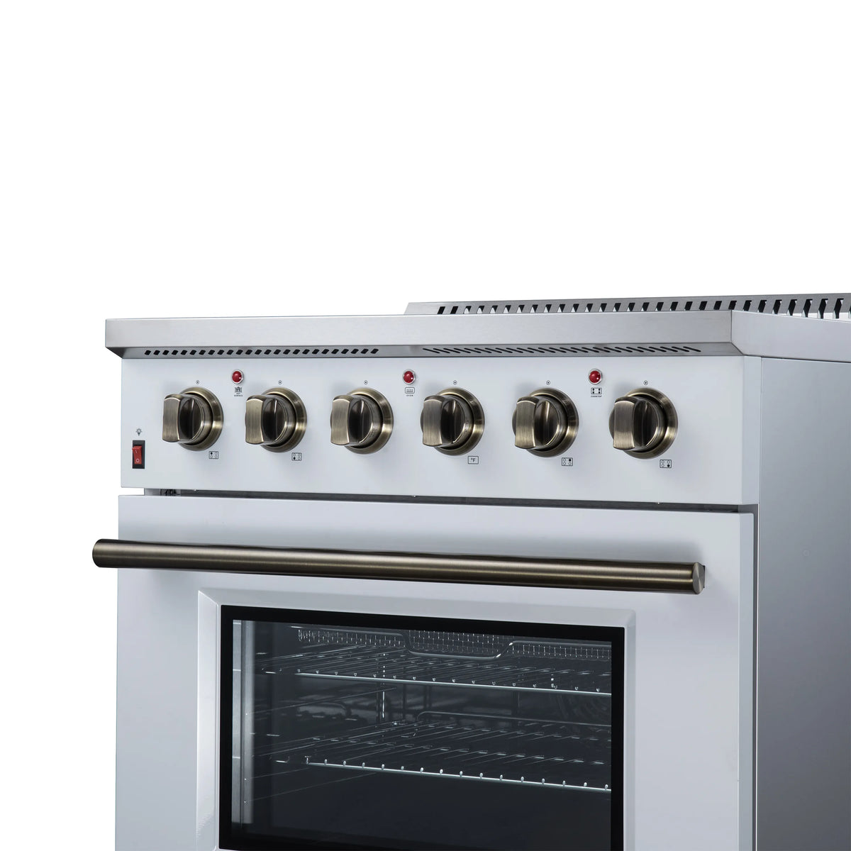 White freestanding electric range with four radiant burner knobs and oven door window