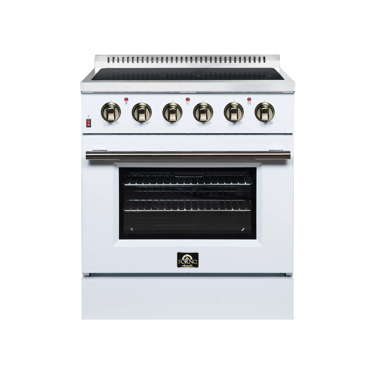 FORNO Galiano 30-Inch Freestanding Electric Range with 4 Radiant Burners, 4.32 Cu. Ft. True Convection Oven, Air Fryer Kit in White with Antique Brass Trim (FFSEL6083-30WHT)