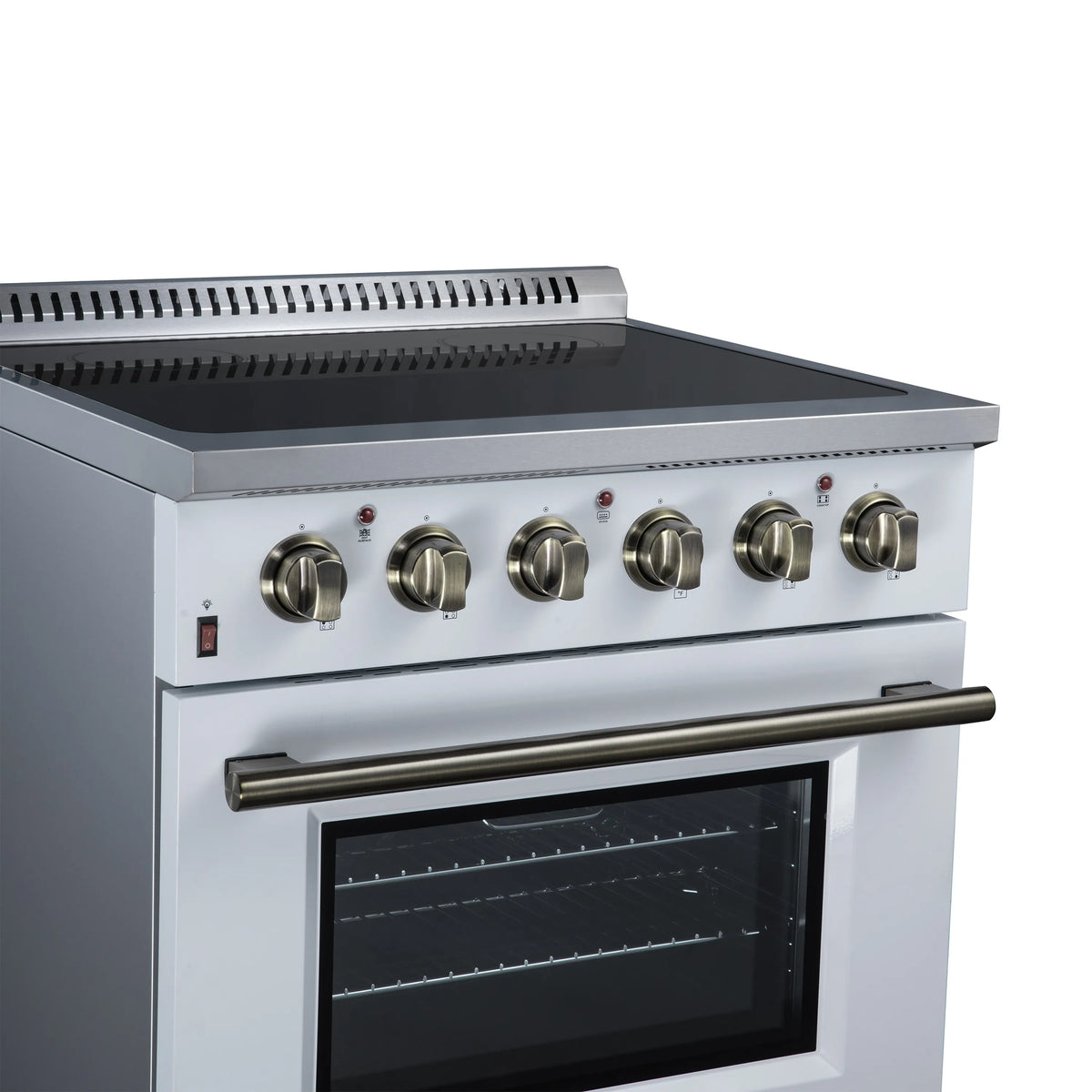 White electric range control panel with six brass knobs, four burners, and oven door window