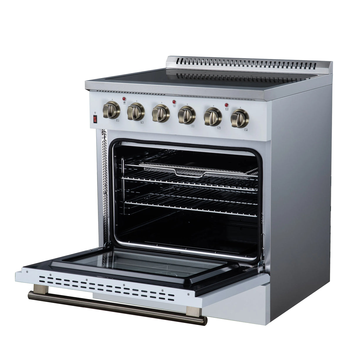 White freestanding electric range with open oven door, wire racks, and brass-tone knobs