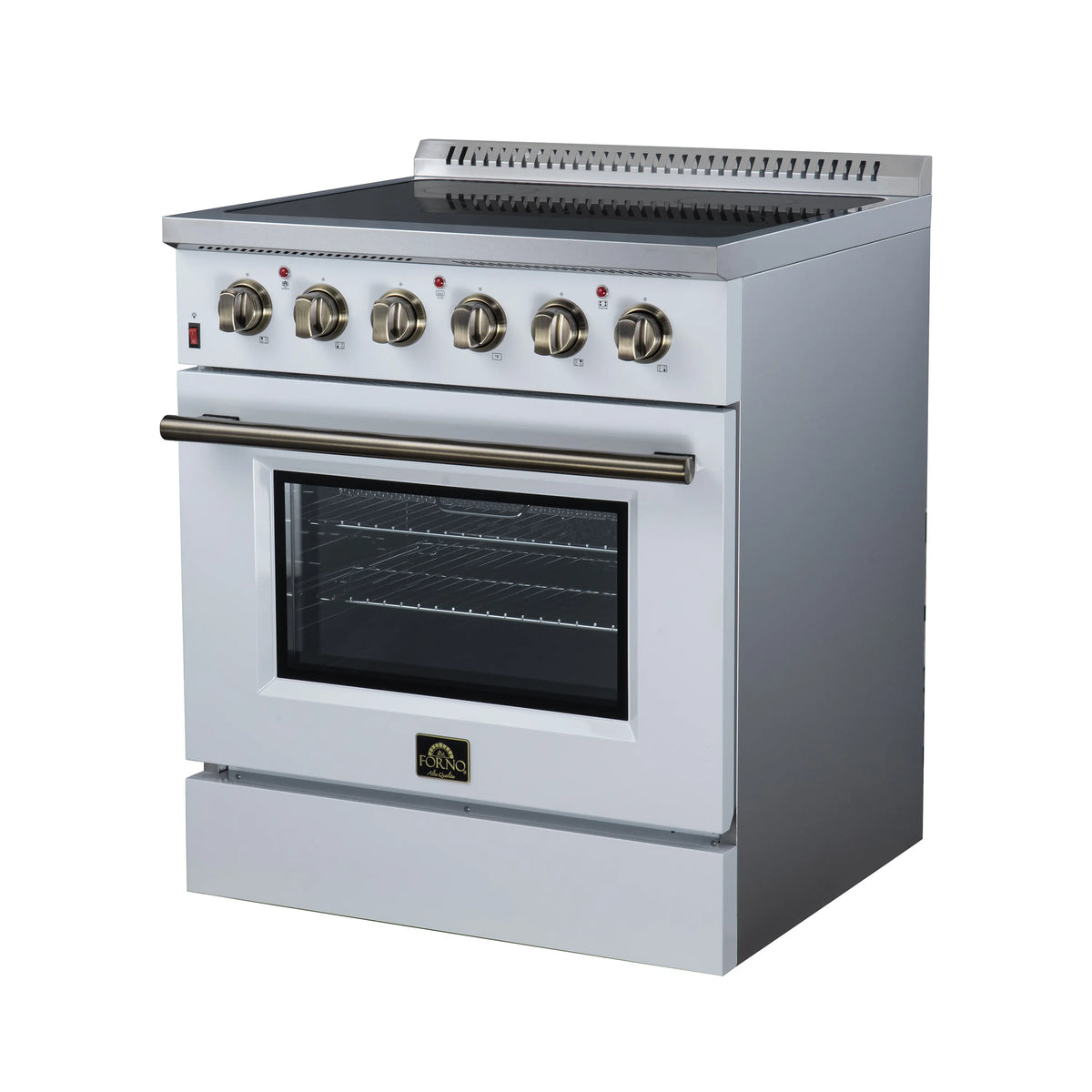 White freestanding electric range with black-glass oven window and front control knobs