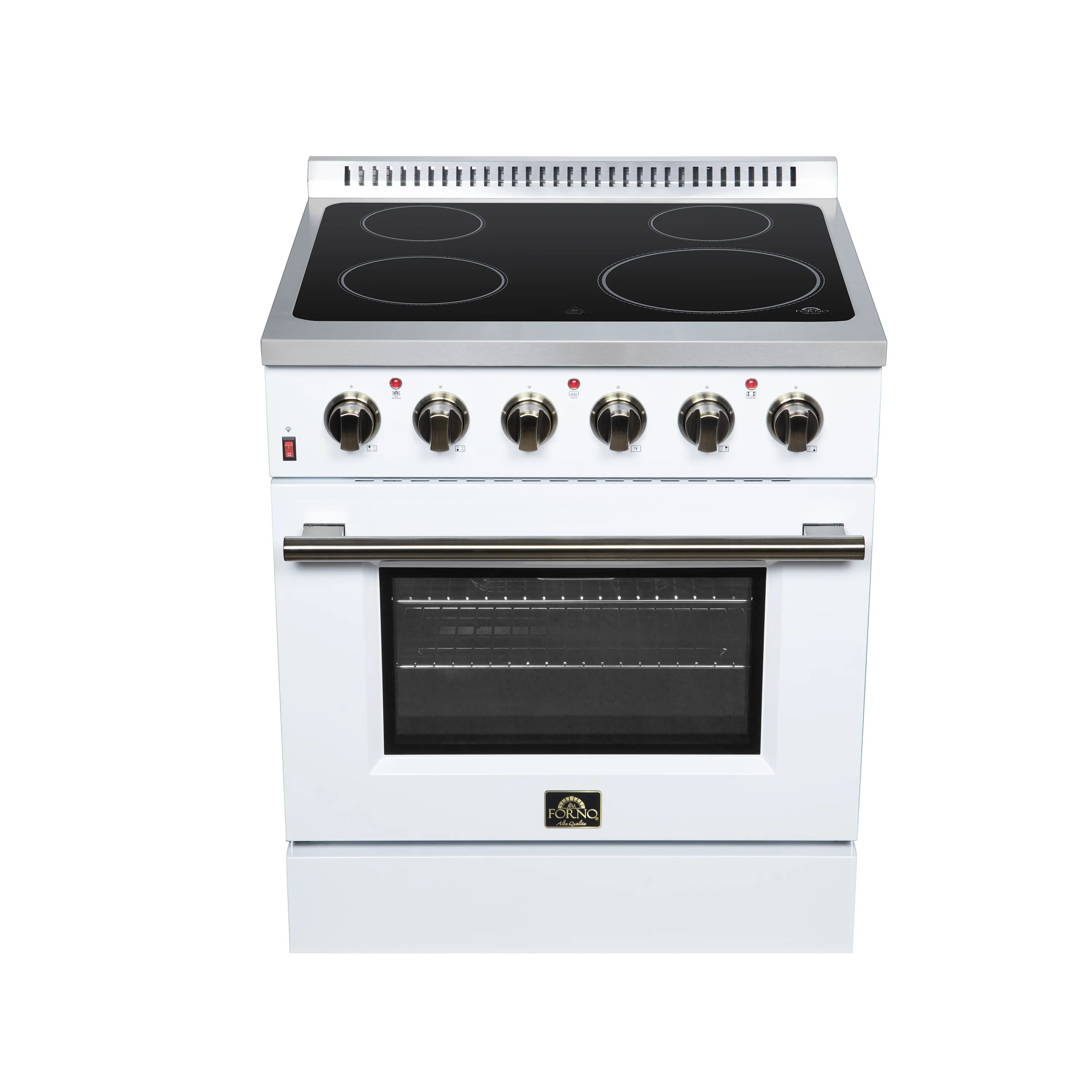 White freestanding electric range with black radiant cooktop and brass-tone burner control knobs