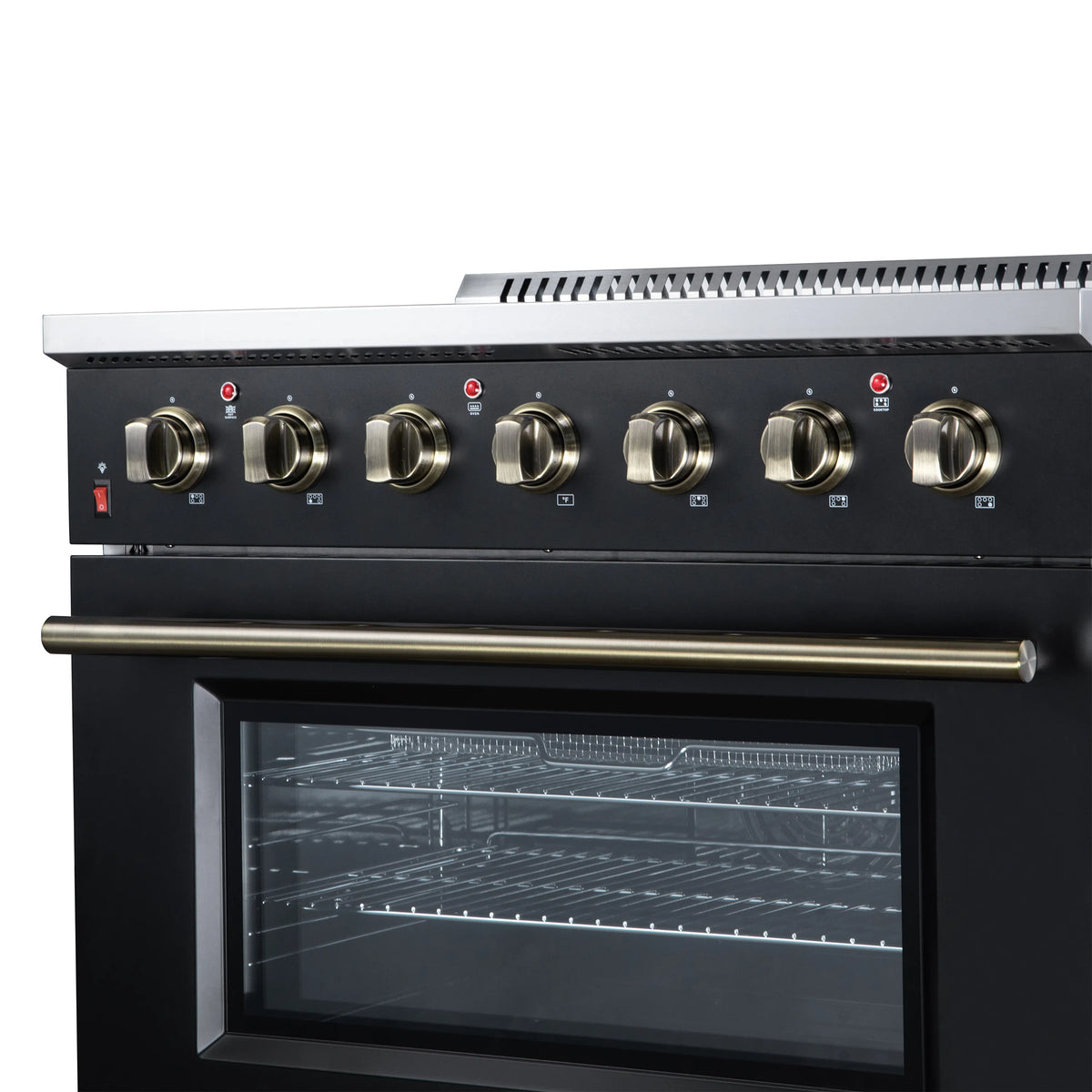Freestanding electric range with brass control knobs and black oven door window