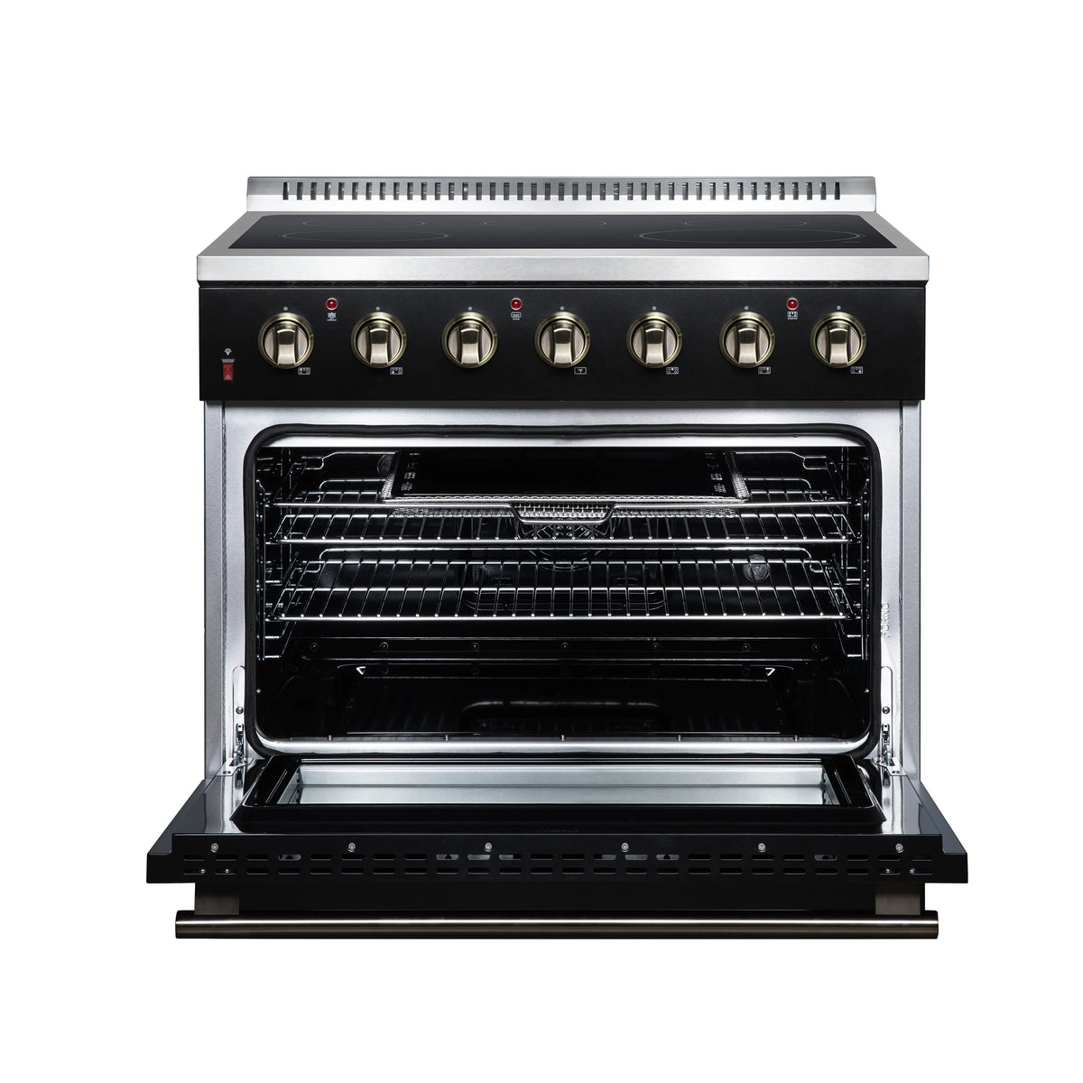 Freestanding electric range with open black oven showing racks and interior walls