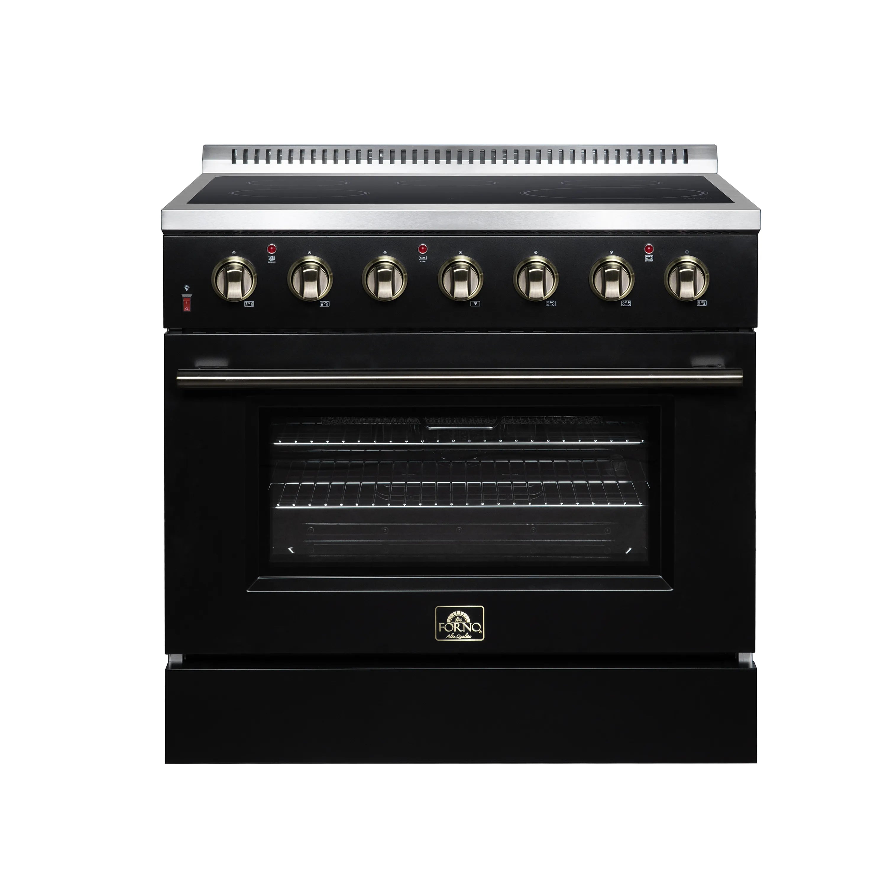Black freestanding electric range with brass control knobs and closed oven door
