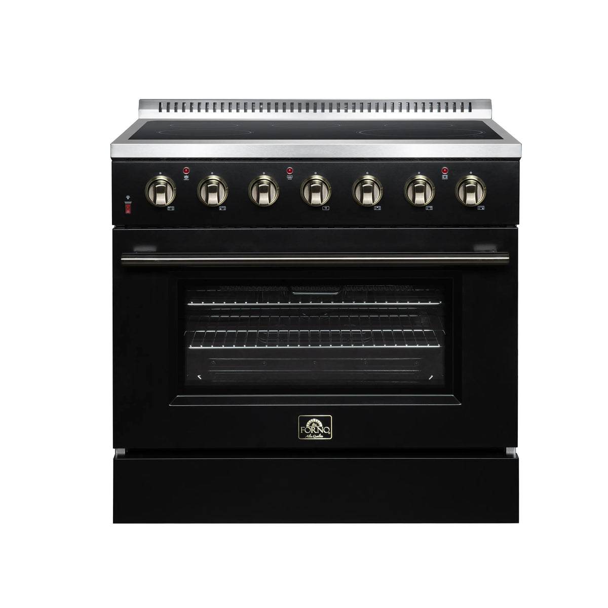 FORNO Galiano 36-Inch Freestanding Electric Range with 5 Radiant Burners, 5.36 Cu. Ft. True Convection Oven, Air Fryer Kit in Black with Antique Brass Trim (FFSEL6083-36BLK)