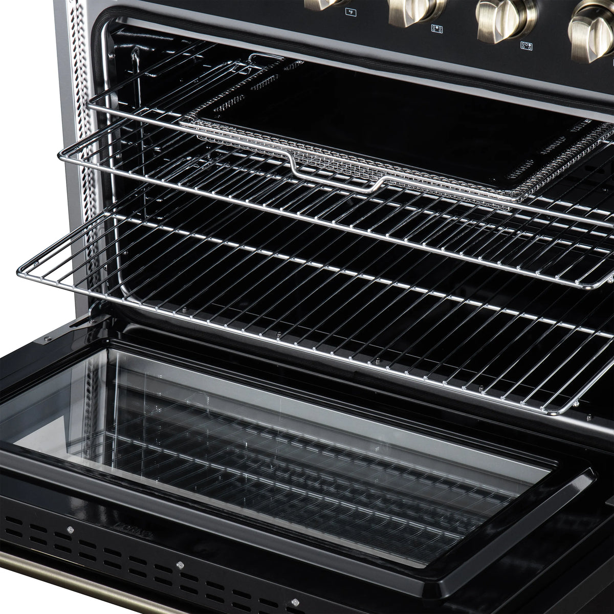 Electric range oven with wire rack shelves and black interior floor